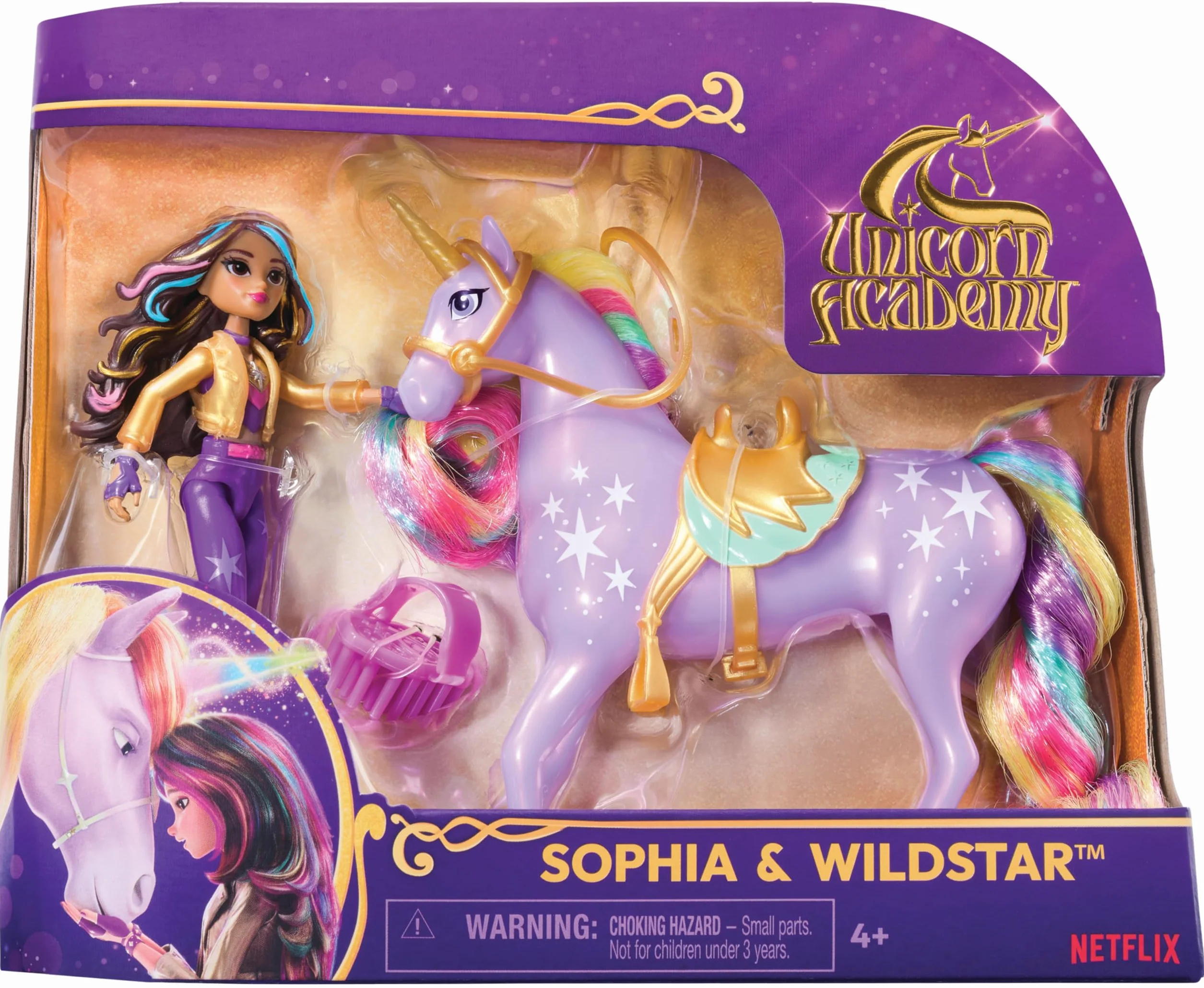 Set Unicorn Academy, Sophia & Wildstar con 2 Accessori Per l'Equitazione e Strumento per lo Styling dei Capelli, Bambole e Unicorni Giocattolo per Bambine, 4+ Anni