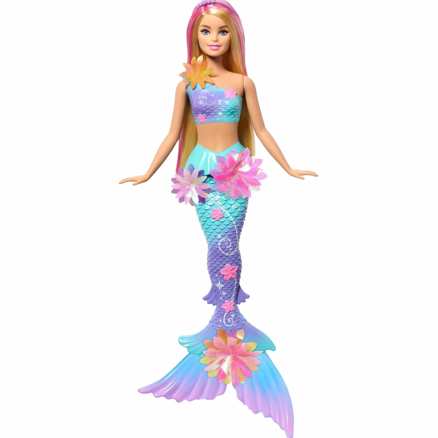 Barbie - Sirena Magia Floreale, bambola dai capelli biondi con coda sfumata e fascia con perle, magica sorpresa e fiori che sbocciano inclusi, giocattolo per bambini, 3+ anni, JDM72, Viola
