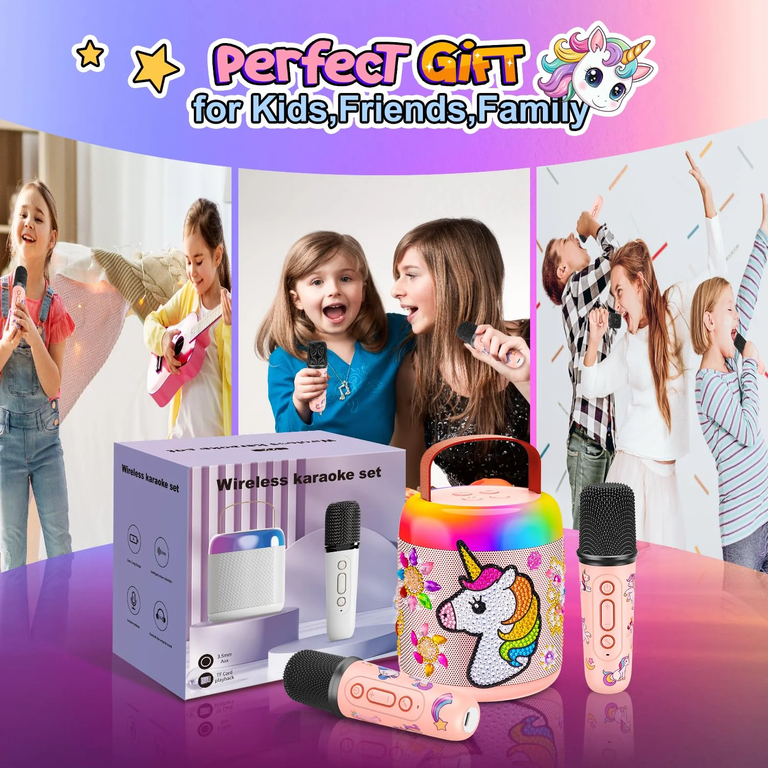 Microfono Bluetooth Karaoke bambino 3-12 Anni Giochi Regali Unicorno