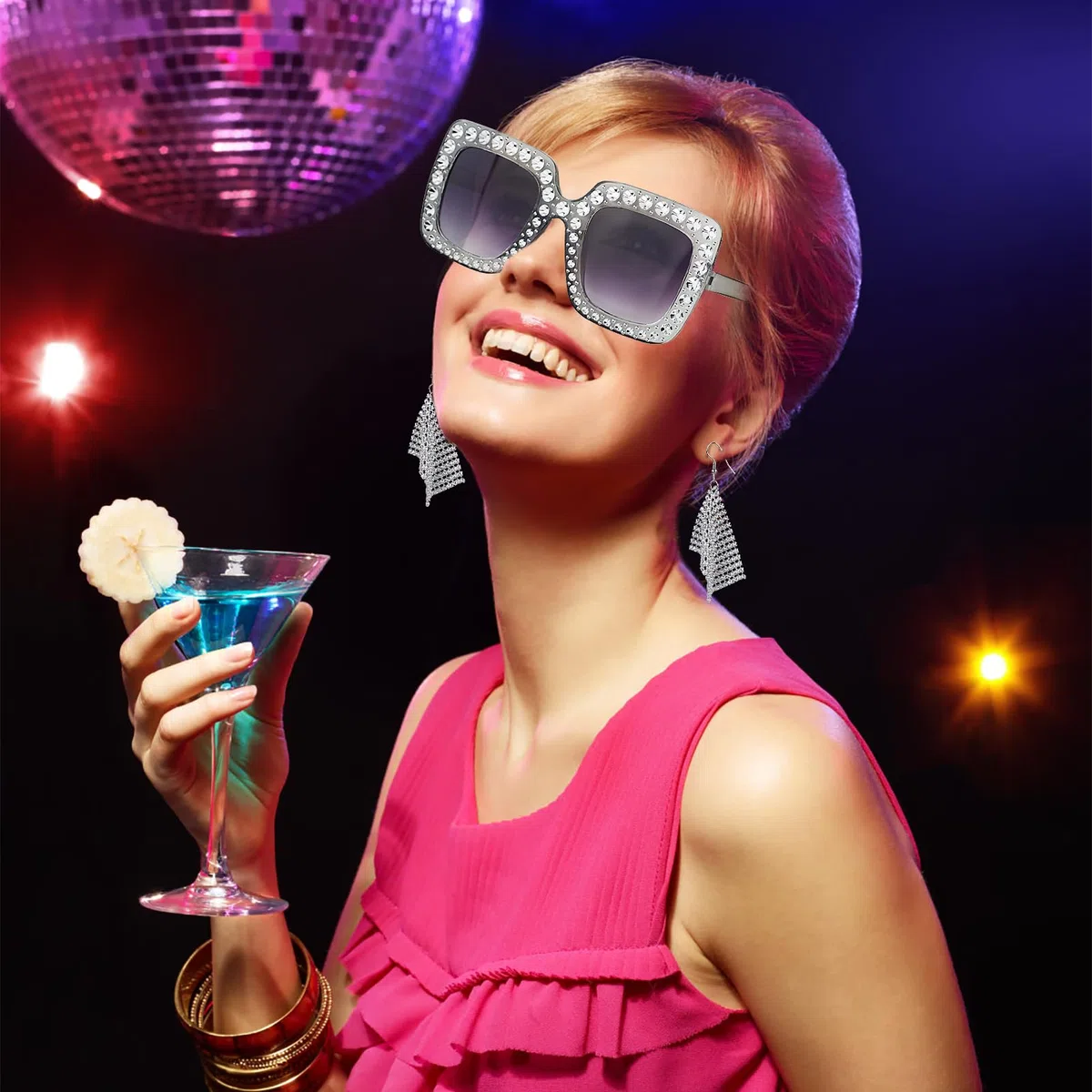 Set di accessori per costume da discoteca anni '70, costume da discoteca anni '70, per donne e ragazze, con paillettes, sciarpa, orecchini, montatura spessa, occhiali da sole e braccialetto, kit per