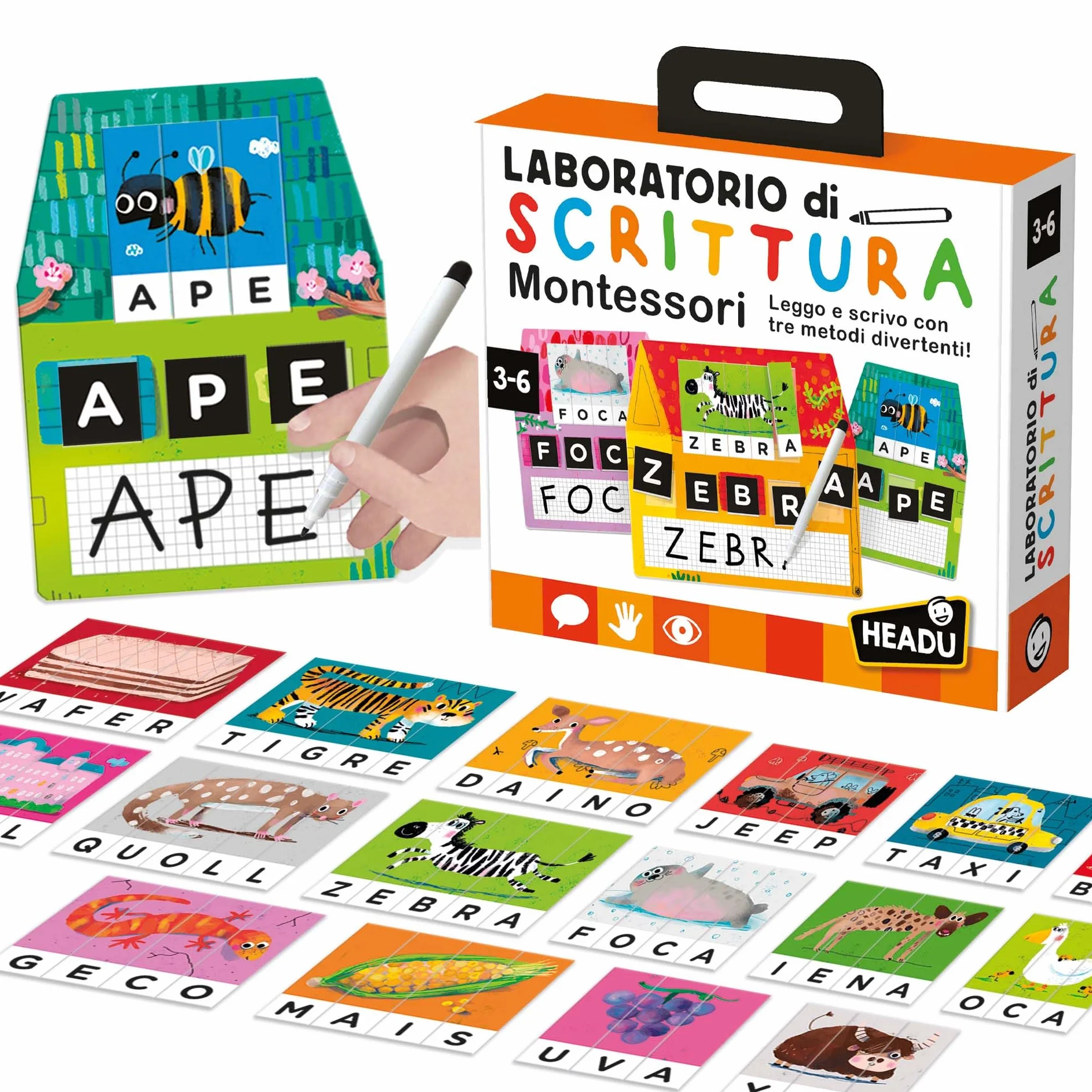 HEADU - Laboratorio di Scrittura Montessori - Leggo e Scrivo con 3 Metodi Divertenti | Giochi Educativi 3 4 5 6 Anni, Gioco Montessori per Imparare a Leggere e Scrivere, Regalo Bambina Regalo Bambino