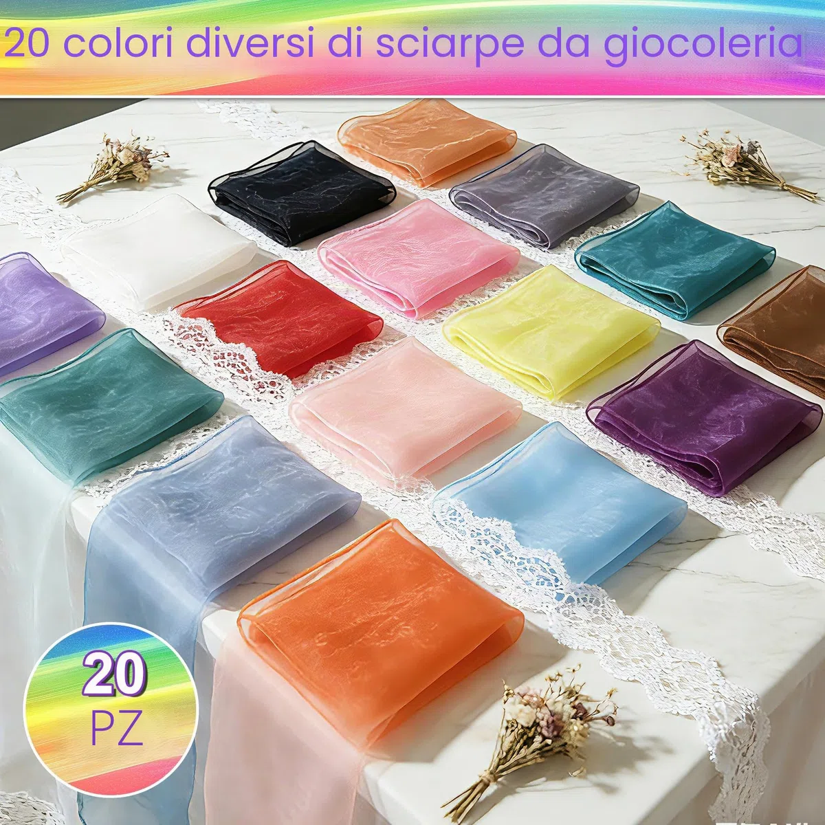 20 Pezzi Foulard Giocoleria,60x60cm Sciarpe di Giocoleria Sciarpe Danza,per spettacoli, magia e acrobatica nei programmi dell'asilo materno