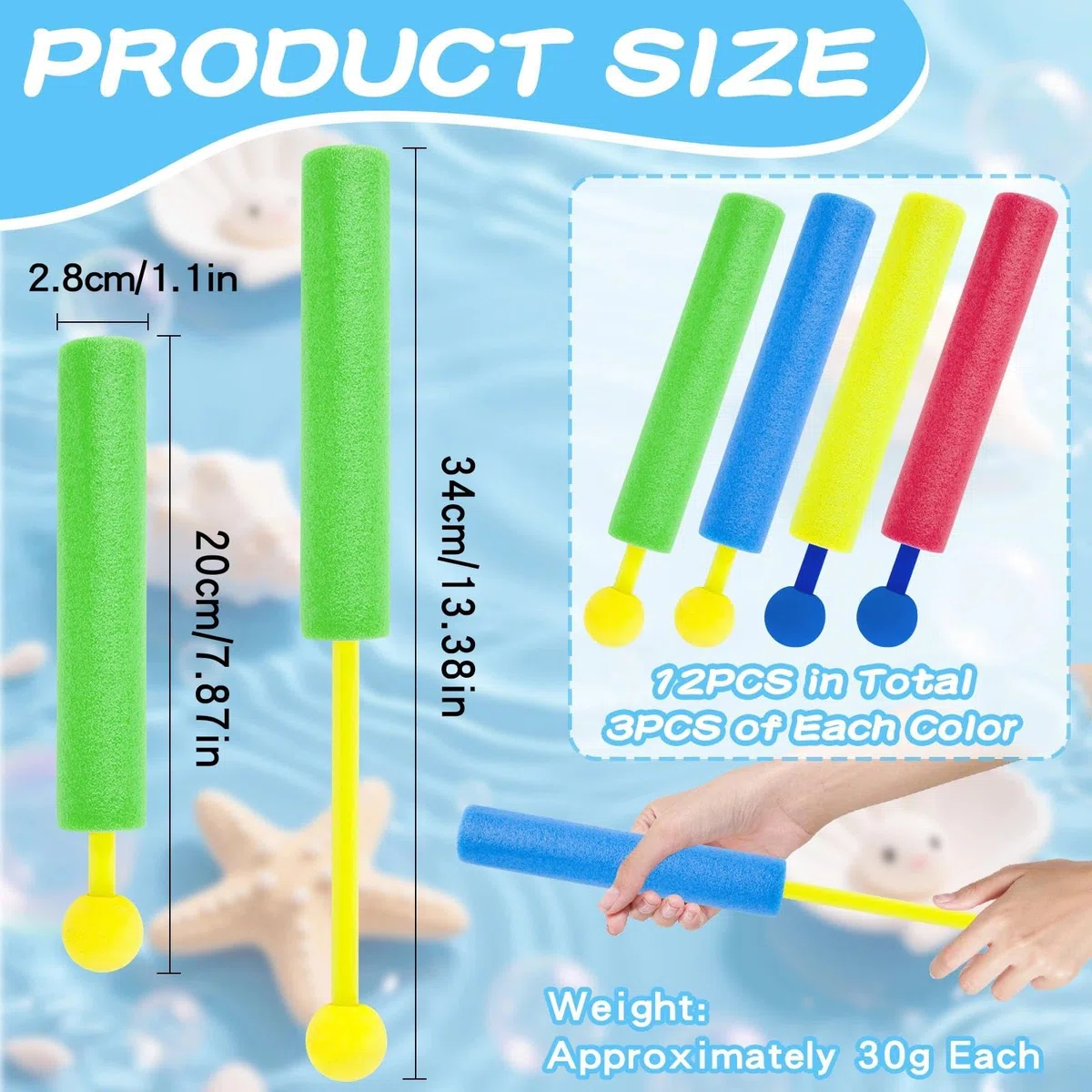 12 PCS Pistole ad Acqua di Colori, 21.5 cm Pistola ad Acqua in Schiuma per Bambini, Pistola Acqua Giocattolo, Fucile ad Acqua per Piscina, Giardino, Esterno Giochi Spiaggia, Giochi Acqua per Bambini