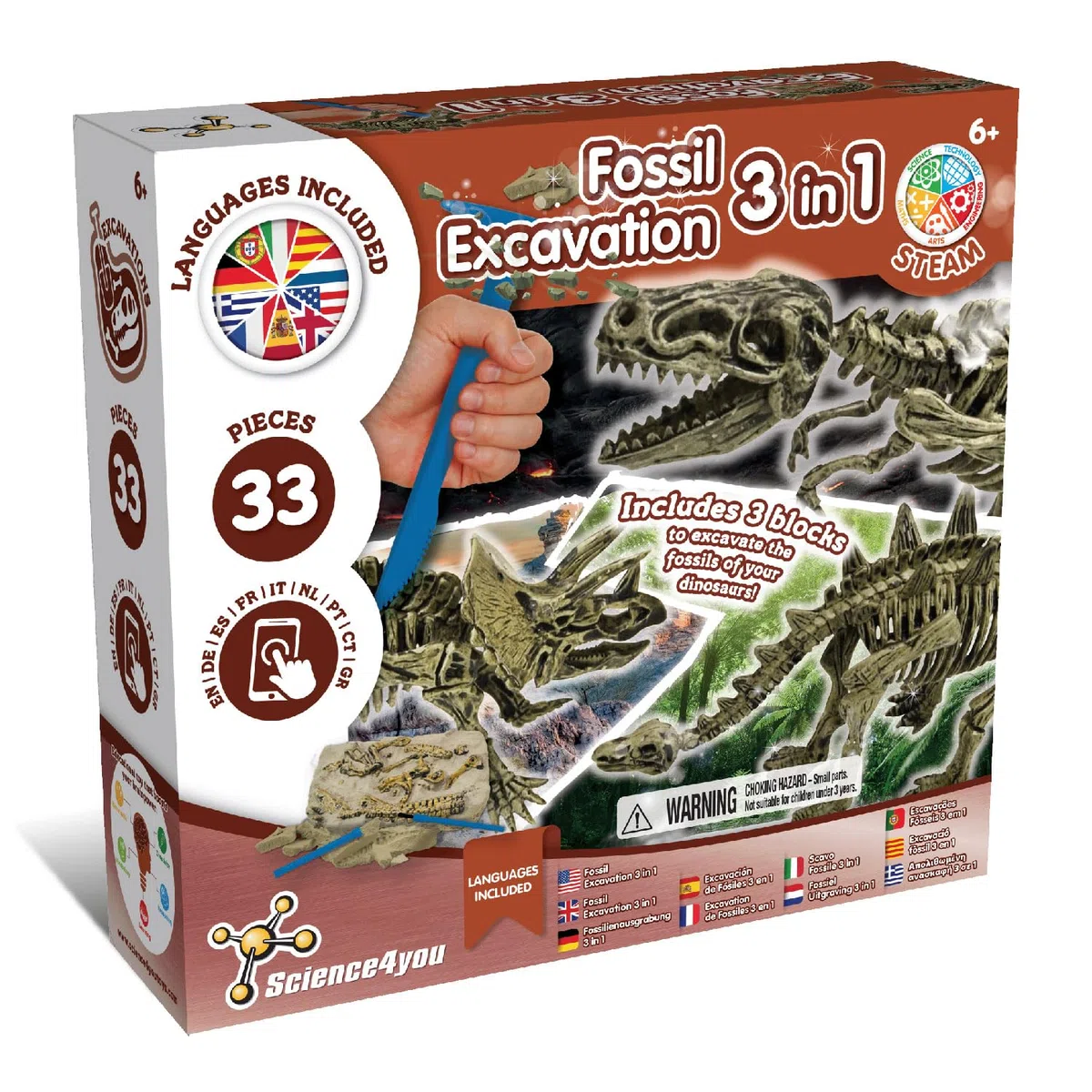 Science4you Dinosauri Fossili 3 in 1 per Bambini 5 6 7 8+ Anni - Scavare e Costruire tu figure: T Rex, Stegosauro, Triceratopo, Jurassic Kit, Archeologo Toy, Regalo Educativo per Bambini 5 6 7+ Anni