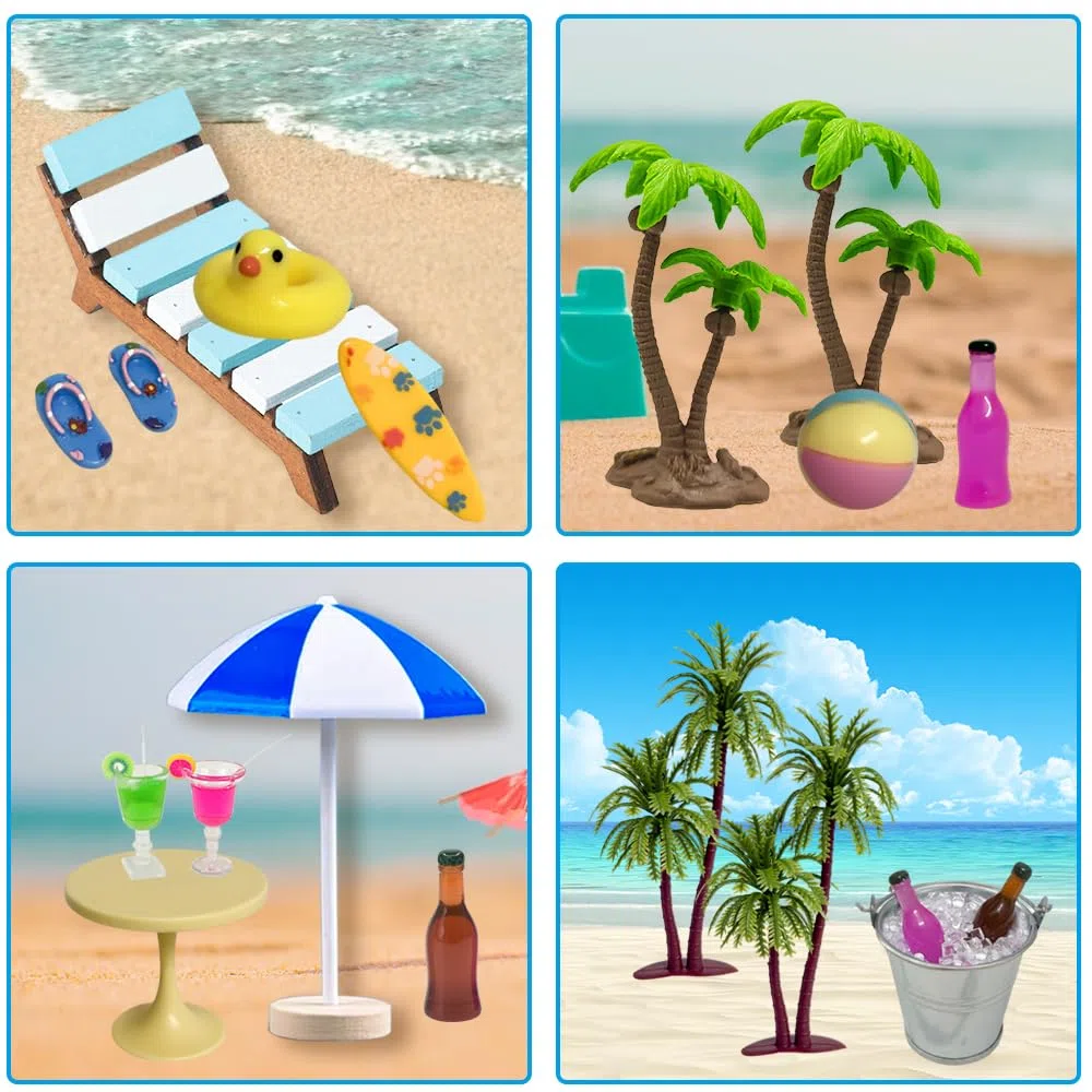 Golgner 11 pcs aaccessori decorativi in miniatura per sauna, set di ornamenti in miniatura, micro paesaggio da spiaggia, con mini sedia a sdraio, albero di cocco, per DIY della casa delle bambole