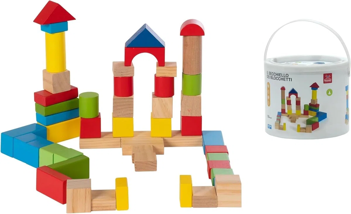 Generico Mattoncini Colorati in Legno Costruzioni in Legno per Bambini Secchio Costruzioni Secchiello Blocchetti 50pz Mattoncini Impilabili Blocchetti Blocchi Costruzione dai 12 Mesi Gioco Educativo