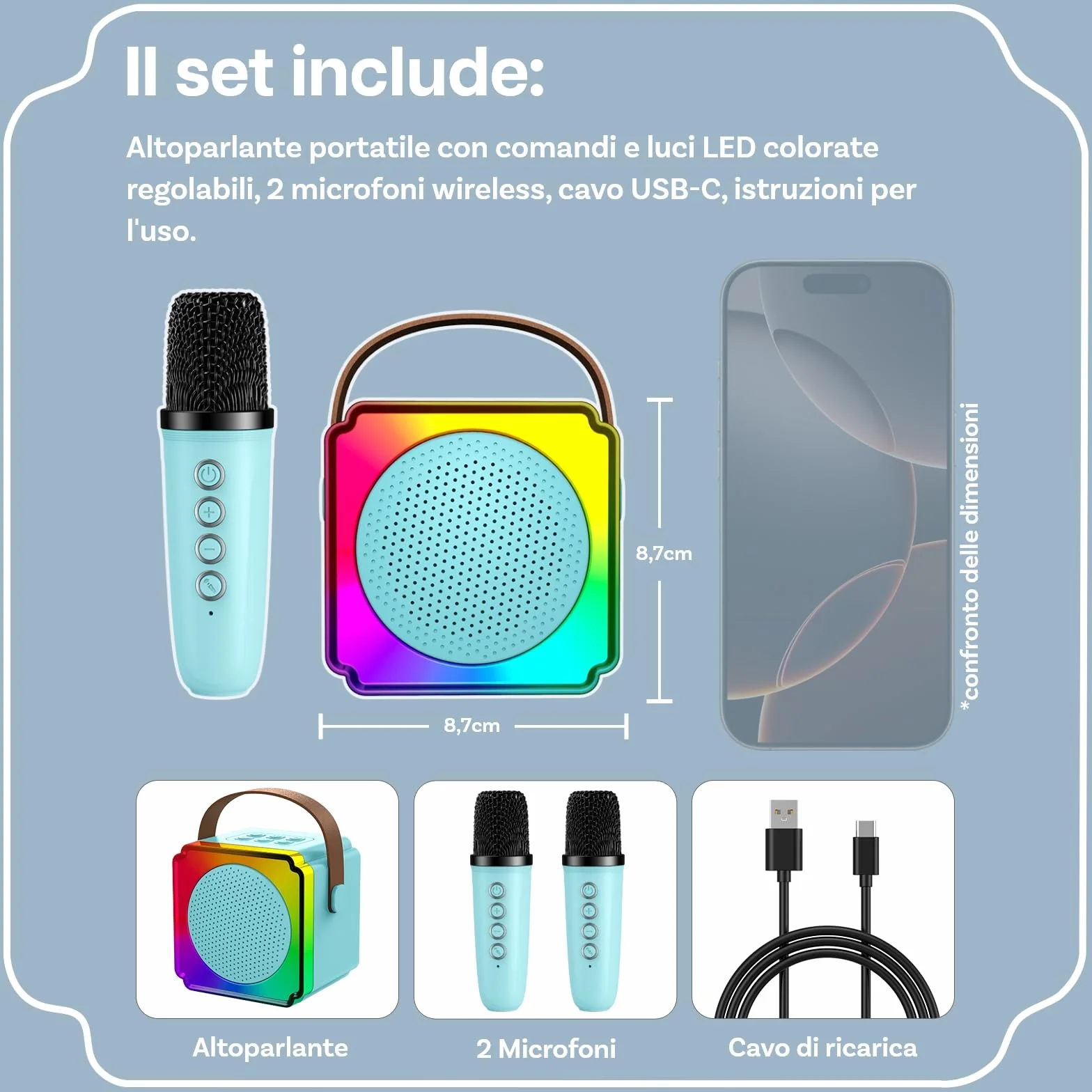 Macchina Karaoke per Bambini con 2 Microfoni Wireless di MMOBIEL – Portatile Cassa Bluetooth, 2 Microfono, Luce LED, Effetti Vocali – Giocattolo Musicale, Regalo per Ragazze, Ragazzi, Bambini 3+, Blu