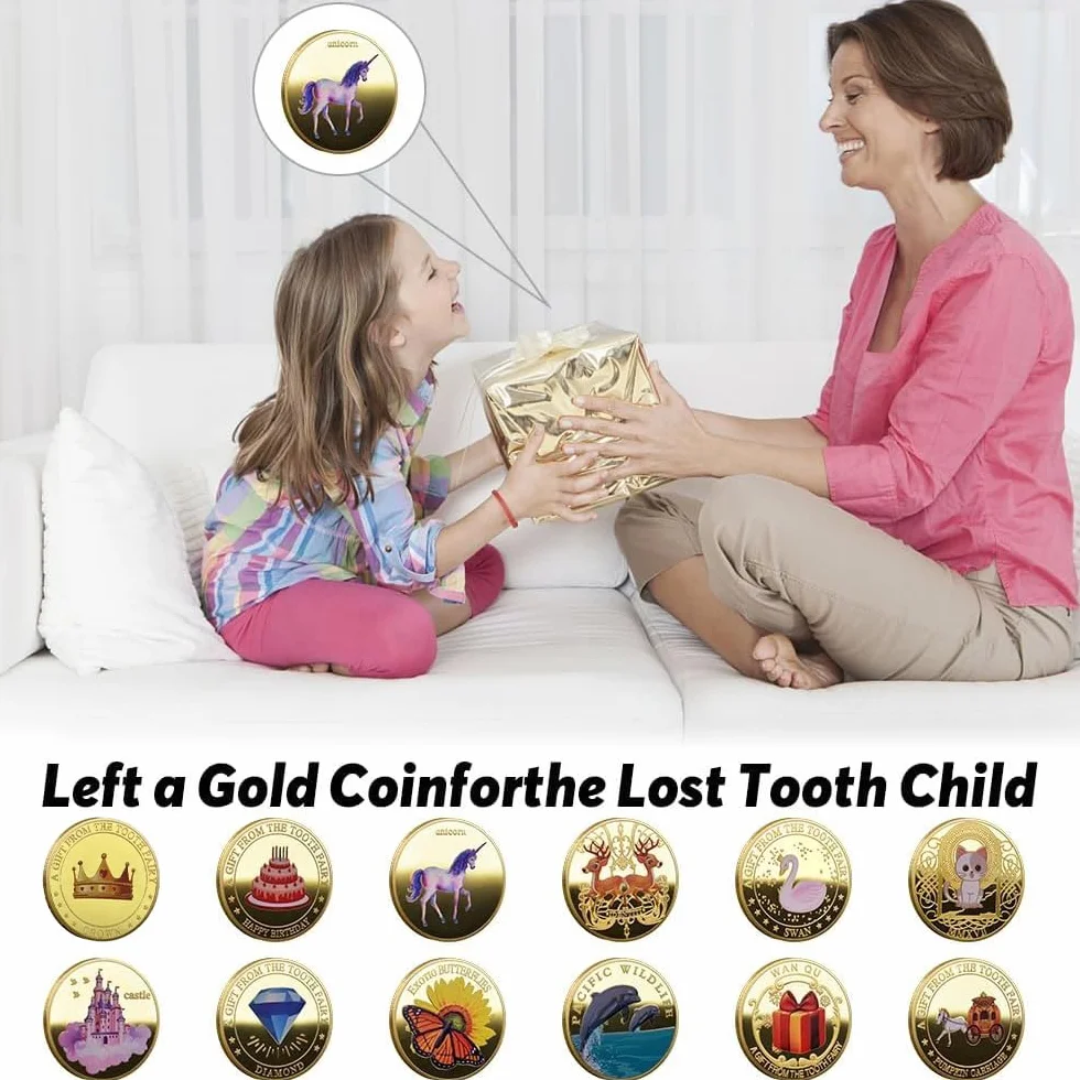 12 Pezzi Monete della Fatina dei Denti, Regalo Fatina dei Denti, Della Fatina Dei Denti, Diverse Monete D'Oro Cartone Animato, Regali Moneta Dei Denti Per Ragazzi E Ragazze