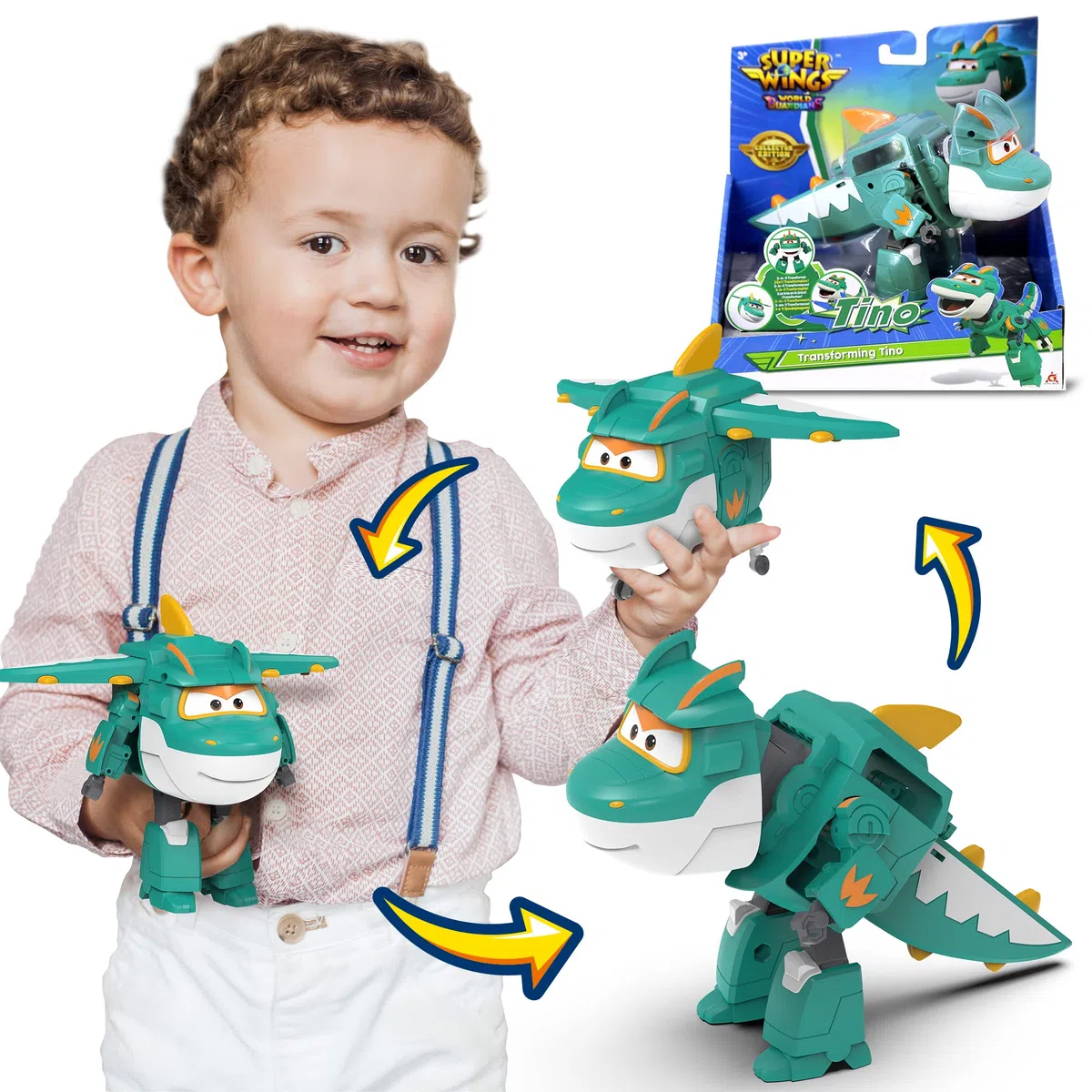 Super Wings Giocattolo Trasformabile Tino Dinosauro 5 pollici - Trasformazione Semplice, Regalo Bambini 3+ Anni, Verde