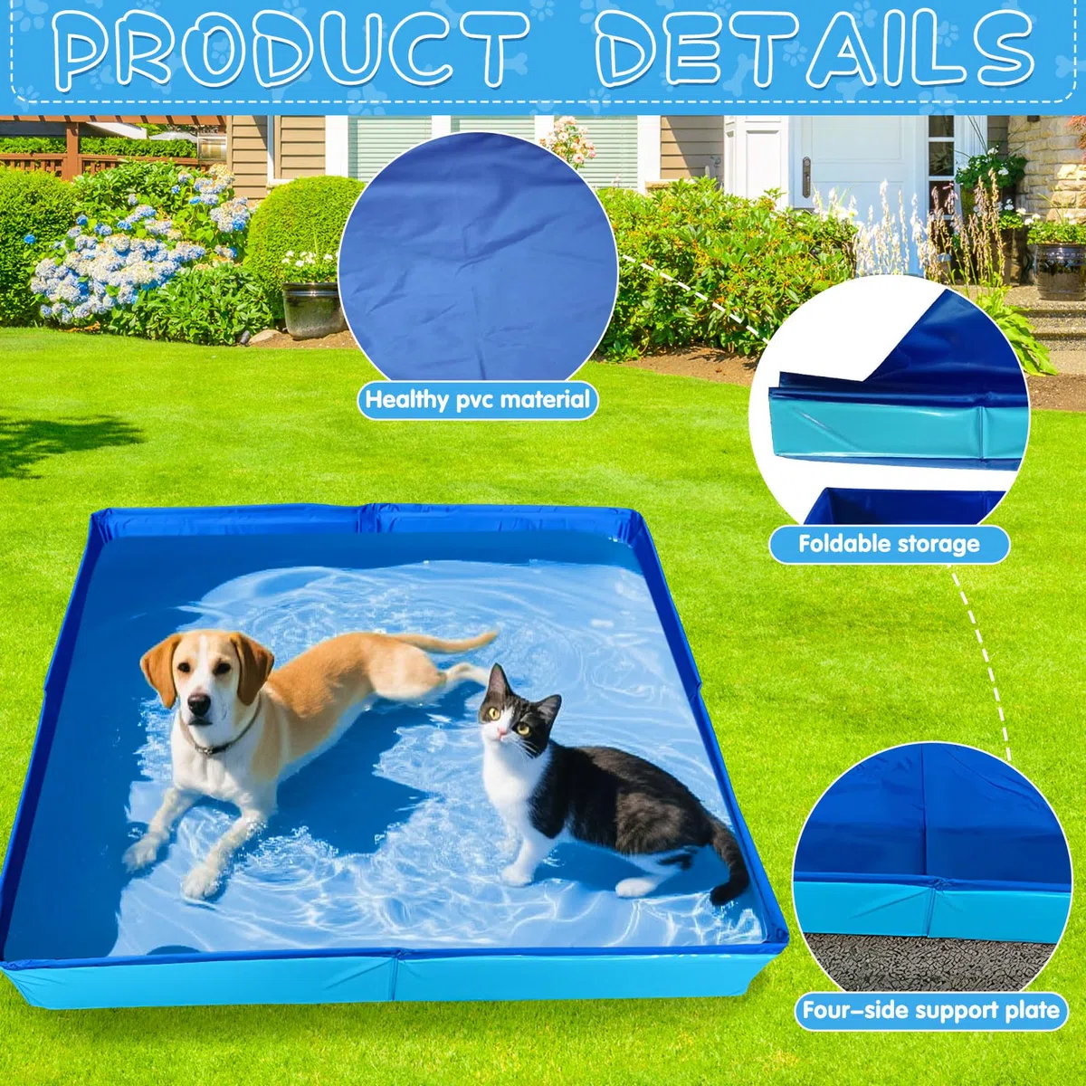 Piscina pieghevole per gatti e cani di piccola taglia, 50 x 50 x 10 cm, con 6 giocattoli per pesci, mini piscina per bambini, piccola piscina estiva per gatti, animali domestici (blu)