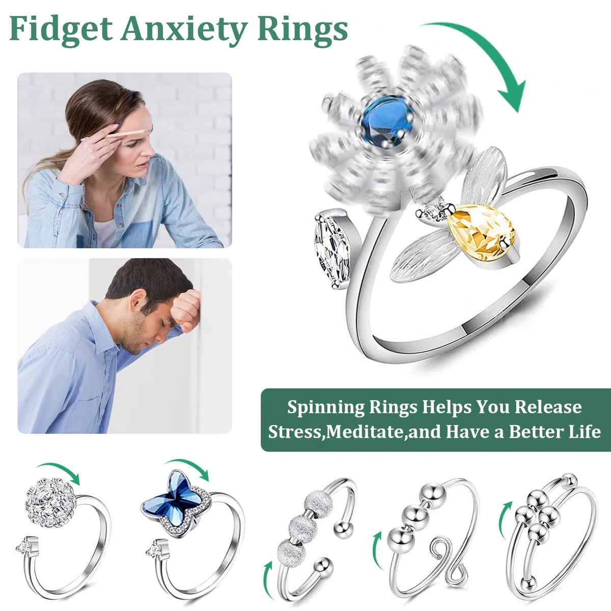 6 PCS Fidget Ansia Anelli Anelli Regolabili Set Open Spinning Fidget Rings Anello da Donna con Perline Anello Geometrico Rotondo con Perline Anello Girevole per Alleviare lo Stress