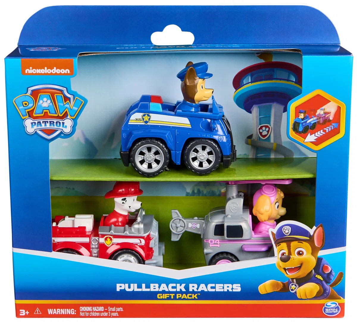 Paw Patrol, Confezione da Tre Veicoli di Salvataggio Deluxe, Auto Giocattolo a retrocarica di Chase, Marshall e Skye, Giocattoli per Bambini e Bambine da 3 Anni in su