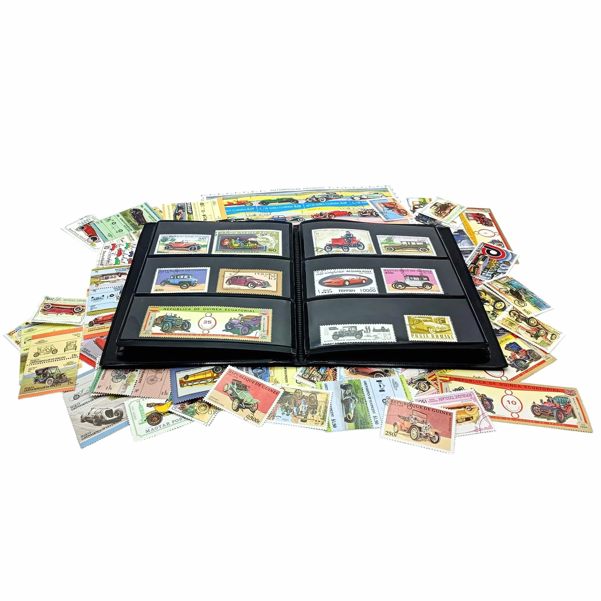 IMPACTO COLECCIONABLES – Collezione di 100 francobolli a Tema Auto con Album Incluso (14 x 18 x 1 cm) | Eleva la Tua Collezione filatelica con Autentici francobolli in Un Album Compatto ed Elegante