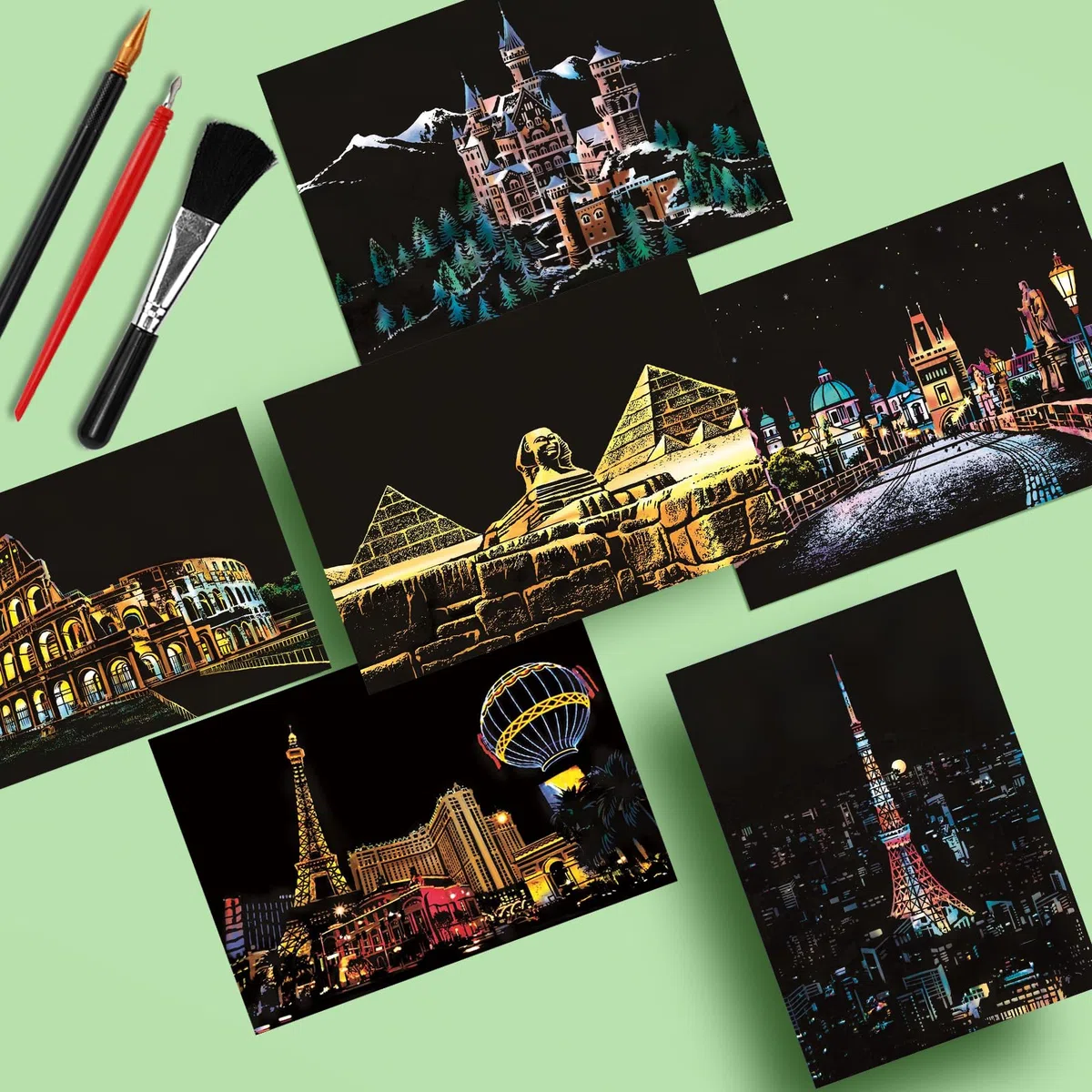 KOUHA Scratch Paper Scratch Art Paper 12 PCS Carta da Grattare Urbana Set di Carta e Penna Fogli da Grattare Vista Notturna Fogli Neri da Grattare Kit per Disegno Bambini Adulti