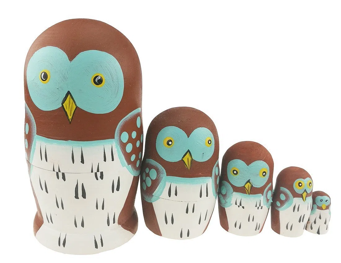 Set di 5 adorabili bambole a forma di gufo, giocattolo impilabile in legno, fatto a mano, per bambini, novità per feste a forma di animale e regali ornamentali