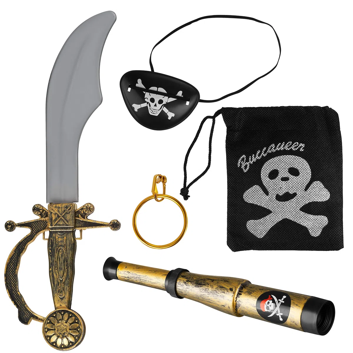 BALINCO Set pirata 5 pezzi composto da sciabola + benda sull'occhio + orecchino d'oro + telescopio + borsa con teschio - Set di costumi per carnevale/Carnevale