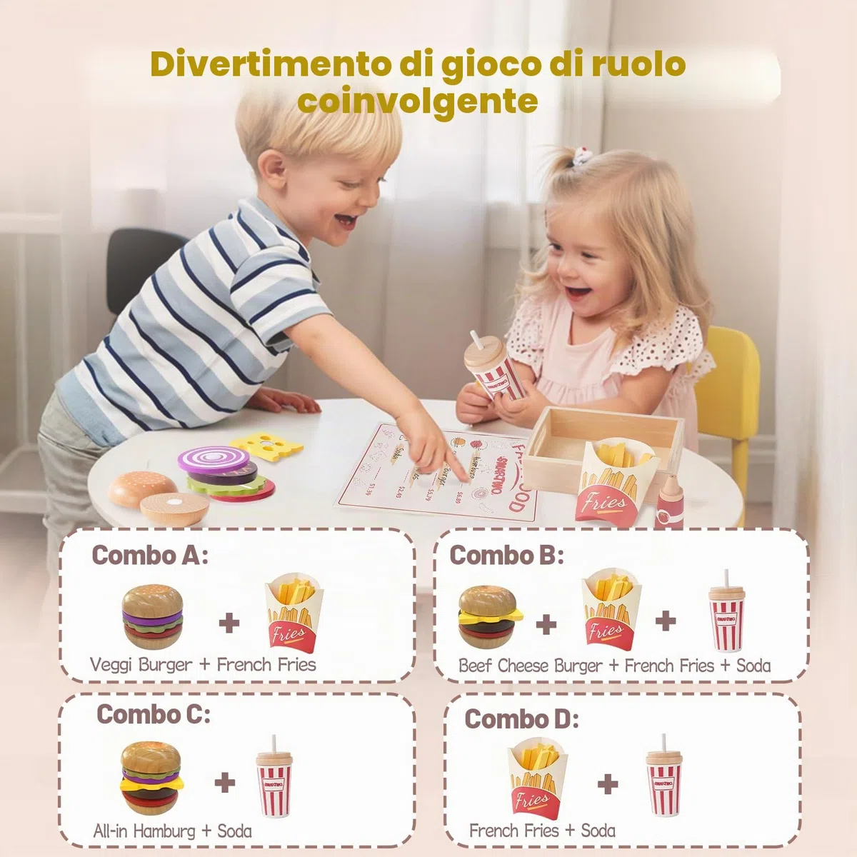 Cibo Giocattolo per Bambini, Set di Legno per Hamburger e Patatine Fritte, Fast Food Playset, Alimenti Finto, Accessori Cucinetta, Giochi in Cucina per 2 3 4 5 6 Anni, Regalo Bambino