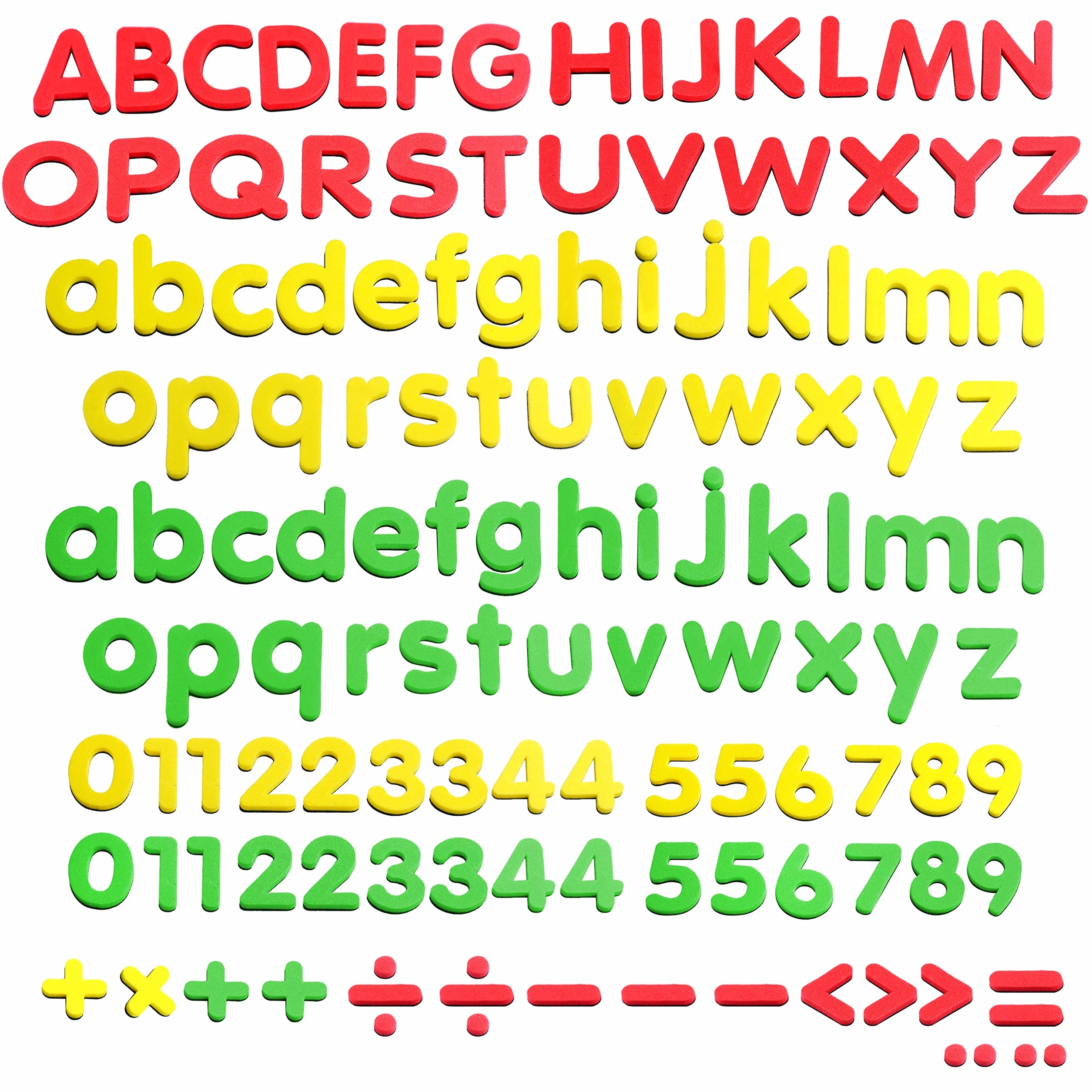 123 pezzi, numeri e lettere inglesi magnetiche maiuscole e minuscole, simboli compresi, per vocabolario o usi matematici (ciascun pezzo misura circa 3cmx3.8cm)