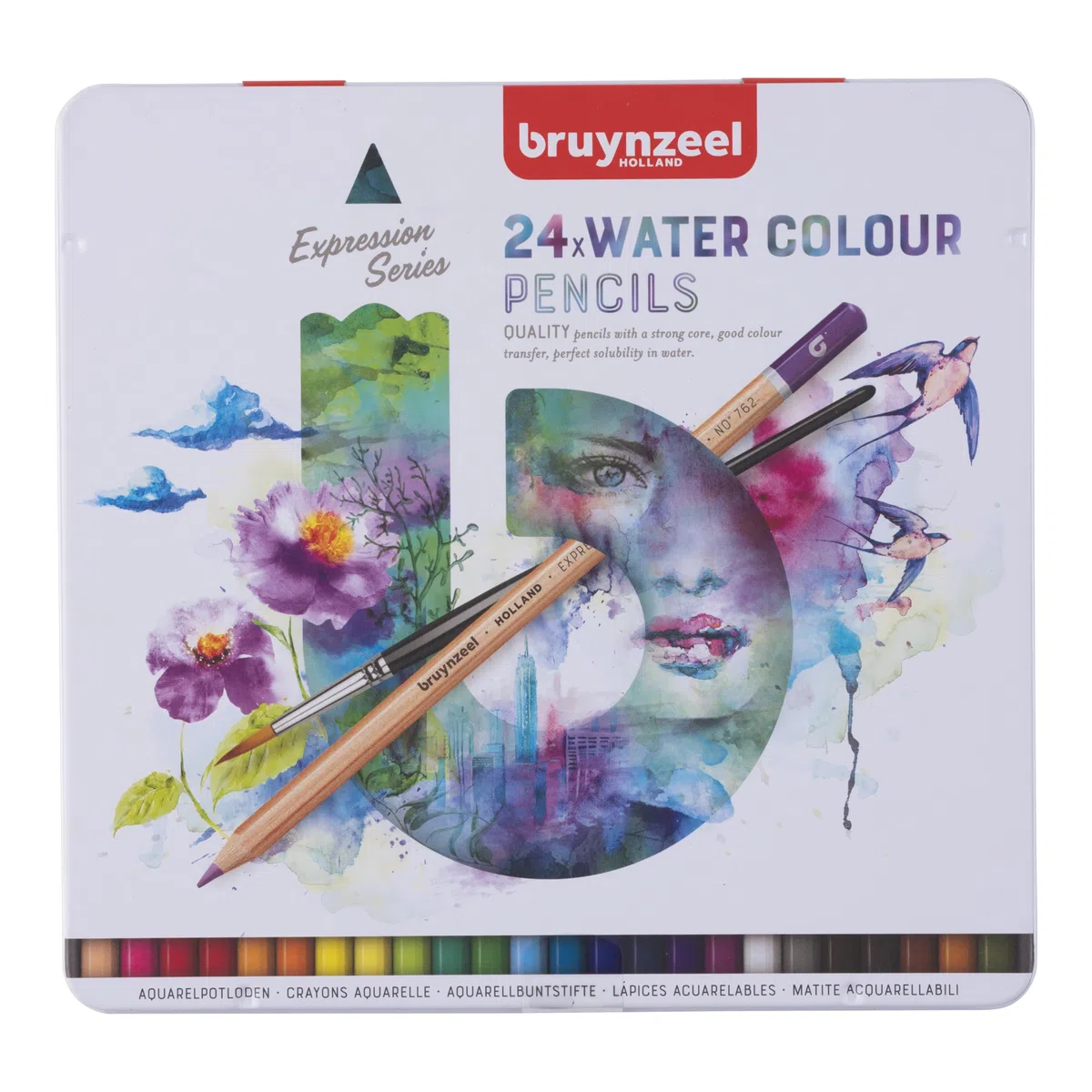 Bruynzeel Set di 24 matite acquerellabili Expression + pennello in latta | Matite idrosolubili per adulti, Bullet Journaling
