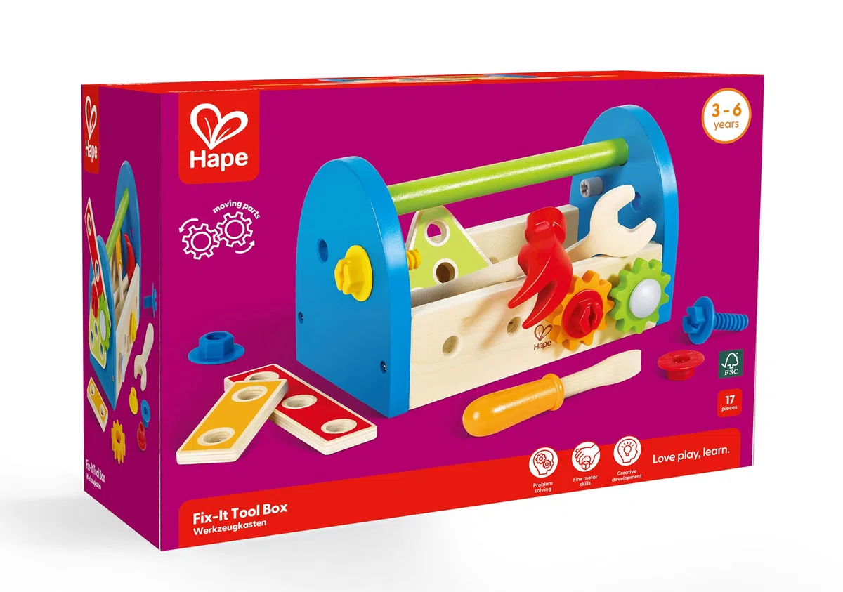 Hape Cassetta degli Attrezzi | In legno, con maniglia e utensili realistici | Giocattolo per bambini dai 3 anni