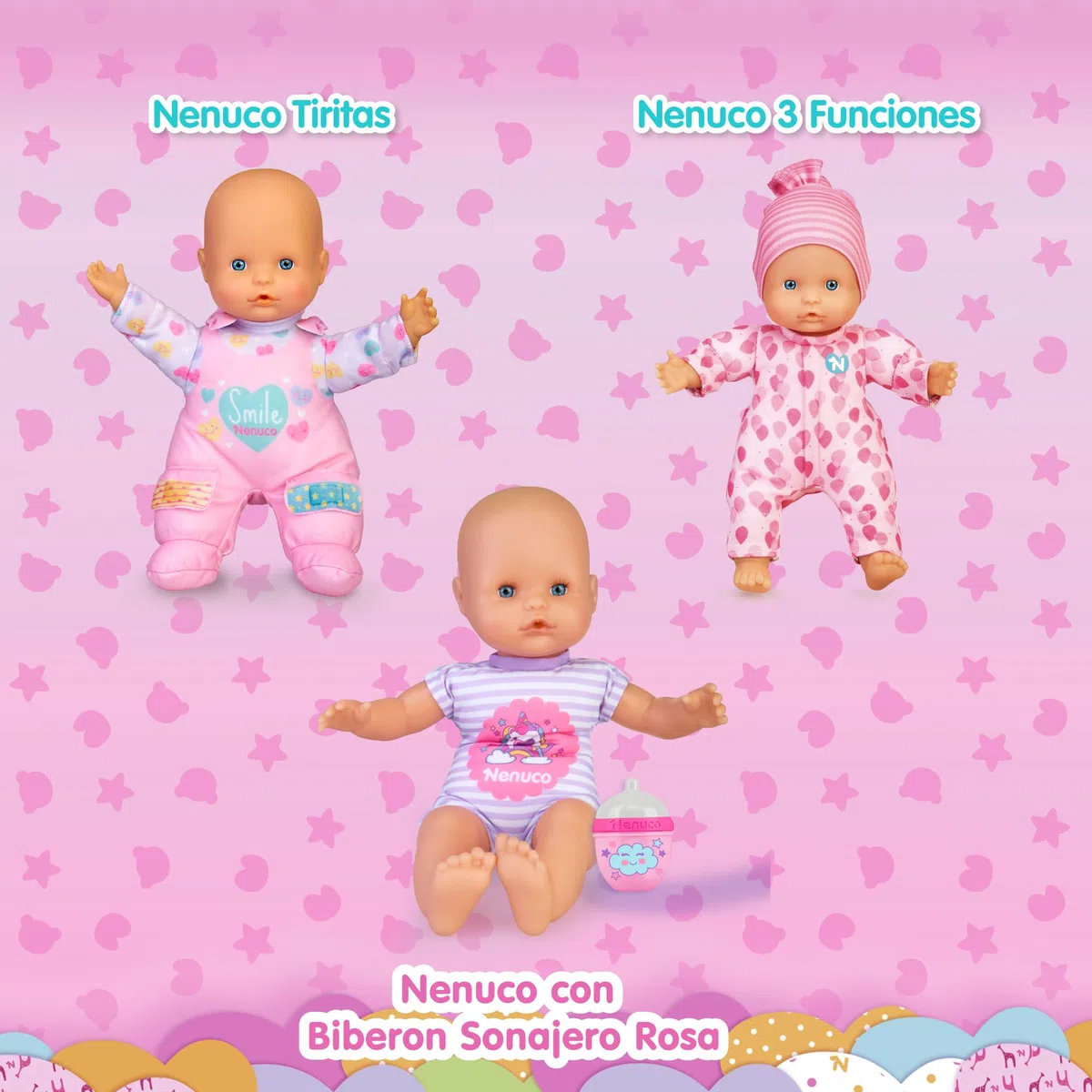 Nenuco -con biberon, bambola morbida con biberon sonaglio e con un pigiama a righe con stampa di unicorni, per bambine/I dai 12 mesi, (Famosa NFN87000)