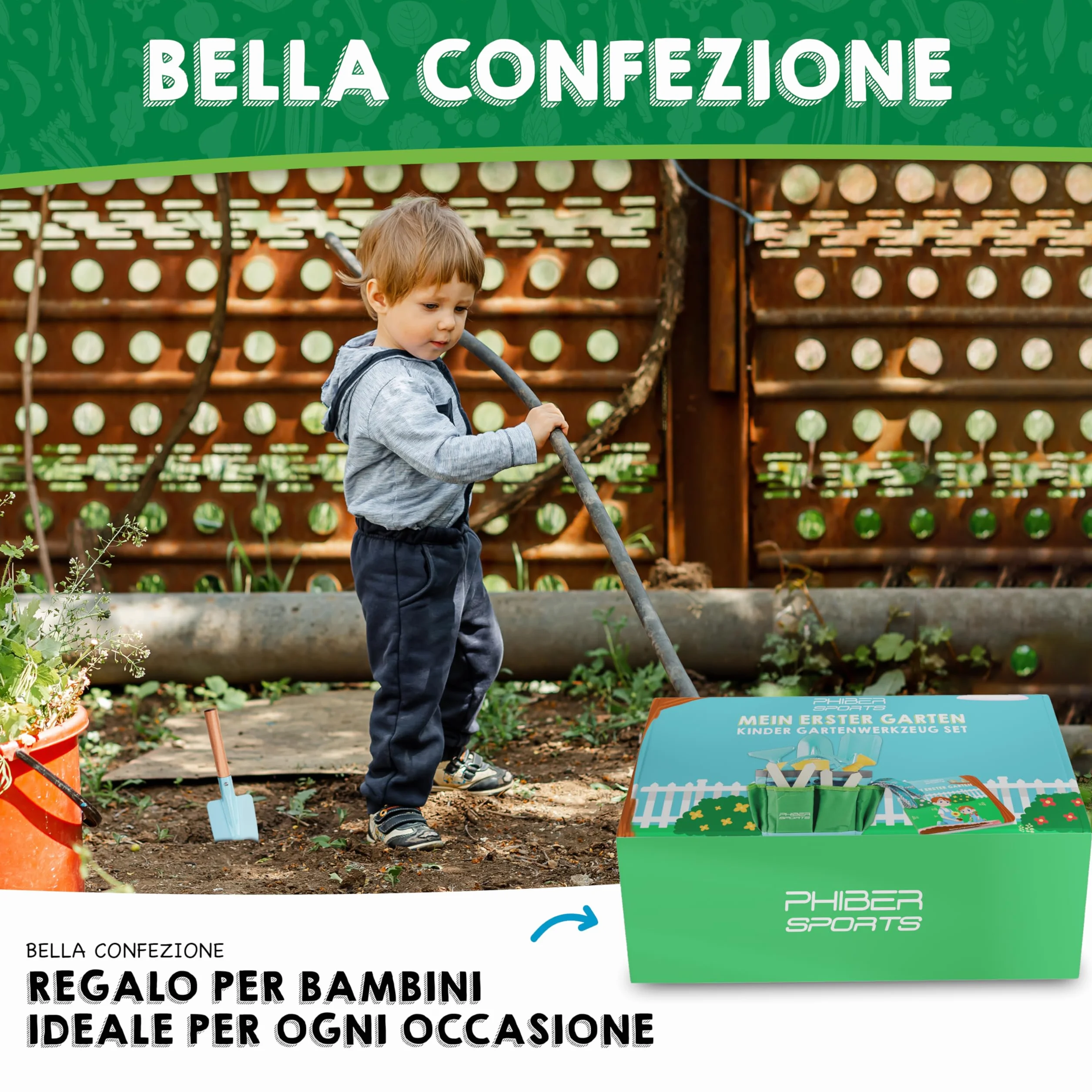 PHIBER-SPORTS Set di Attrezzi da Giardino per Bambini (11 Pezzi) - Attrezzi da Giardinaggio per Bambini dai 3 Anni in su - Strumenti in Metallo, annaffiatoio, Guanti da Giardinaggio, Borsa