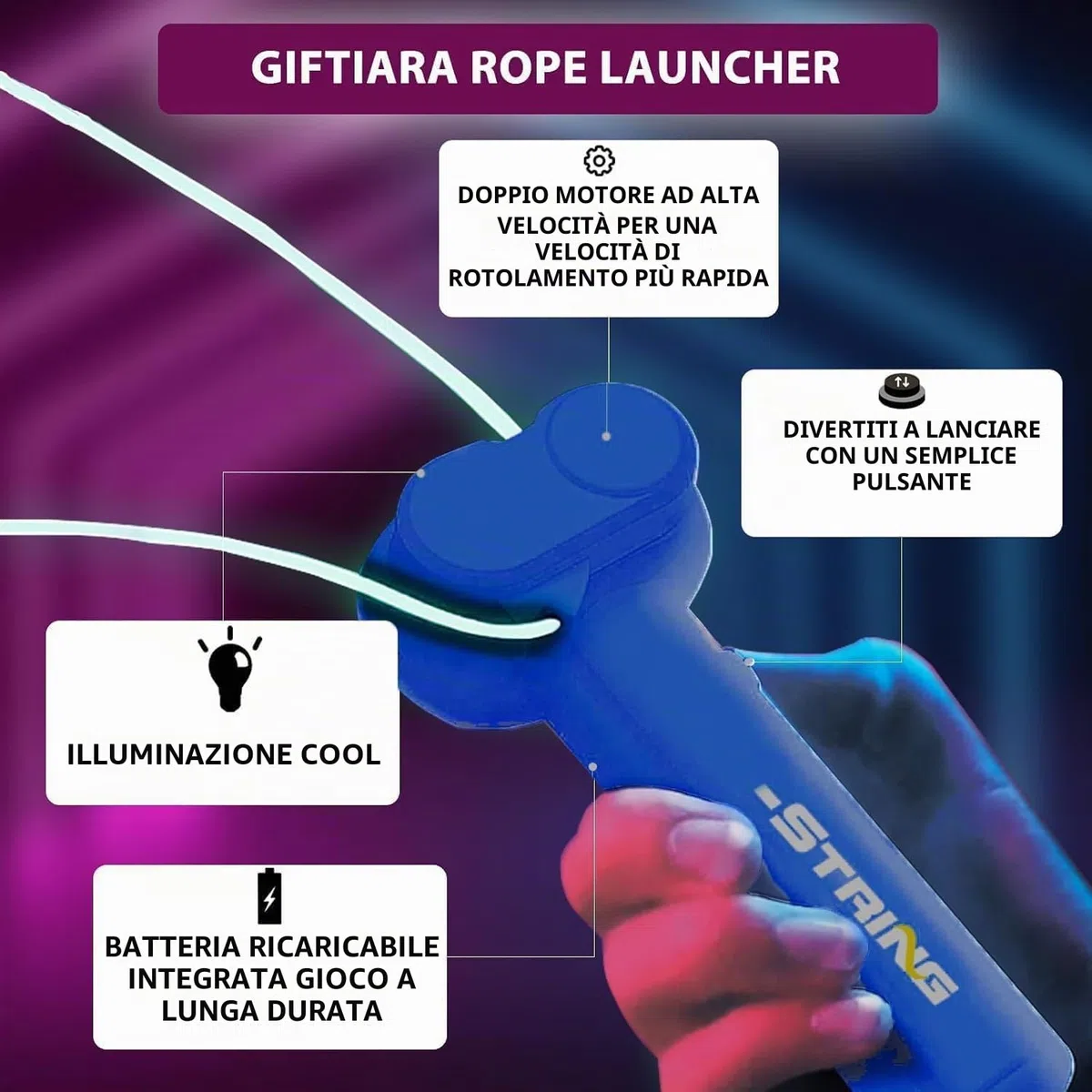 Lasso Shooter per bambini, Elica del lanciatore di corde, Lasso che brilla nel buio, Giocattolo a molla di tiro, giocattolo di tiro di corda manuale con cerniera