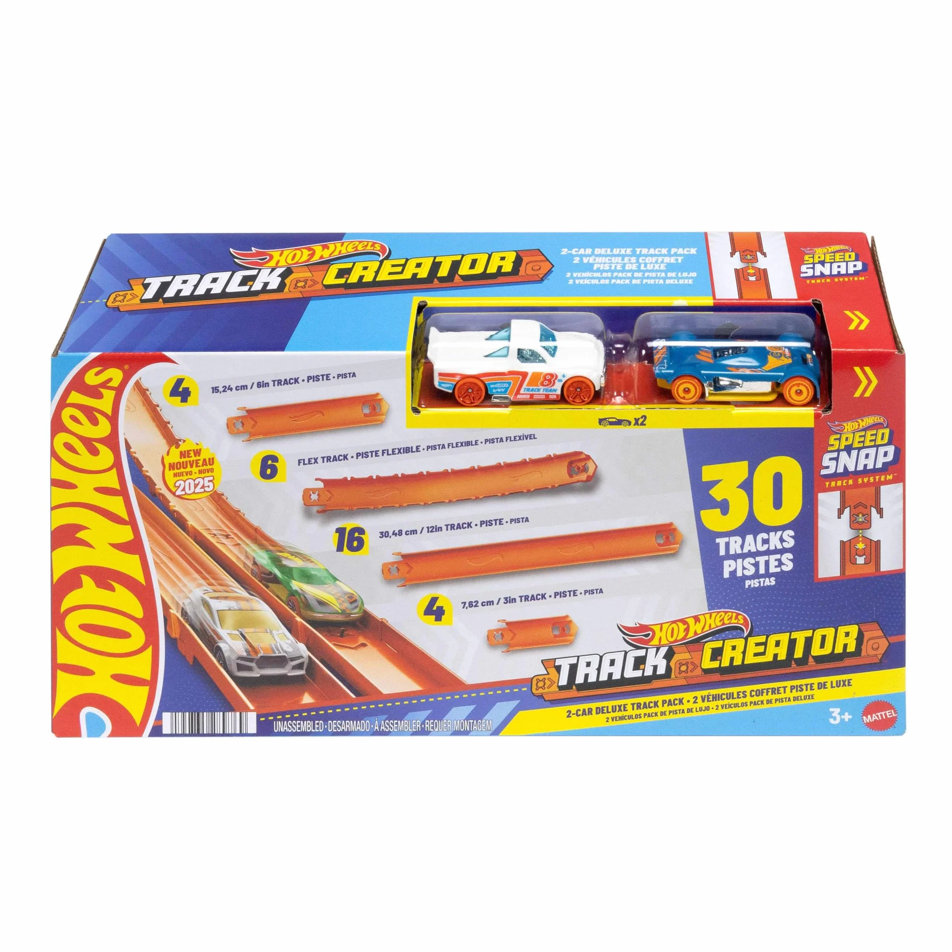 Hot Wheels - Track Creator Pista Deluxe, Set con 2 macchinine in Scala 1:64 Incluse e 7 Metri di Pezzi Speed Snap Track e connettori con Diverse Lunghezze, Giocattolo per Bambini, 3+ Anni, JDW42