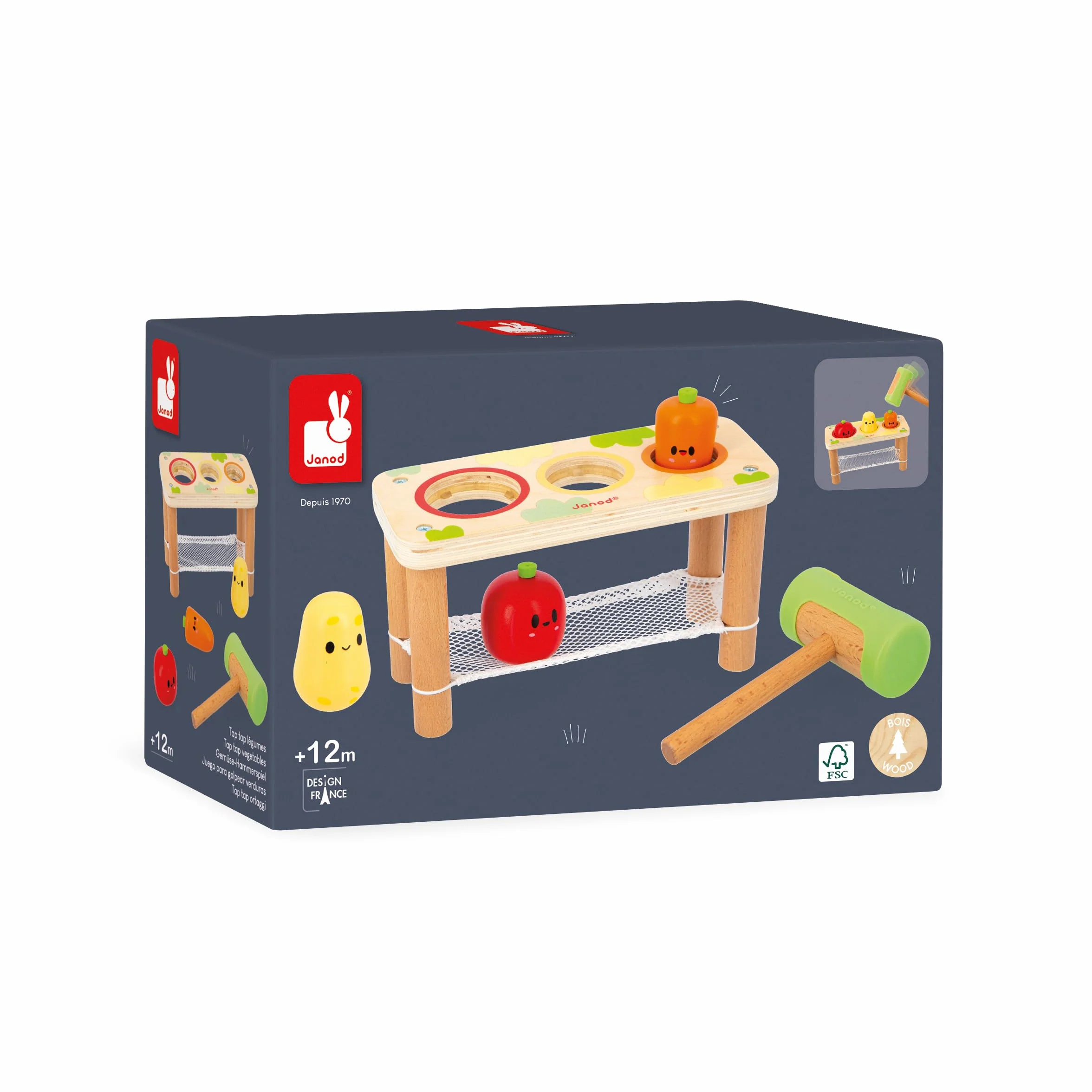 Janod Taptap Verdure della Fattoria, Giocattolo Multisensoriale per Bambini, 3 Verdure dell'Orto e 1 Martello, Sviluppa Le Abilità Fino-Motorie, Giocattolo in Legno FSC, dai 12 Mesi, J03309