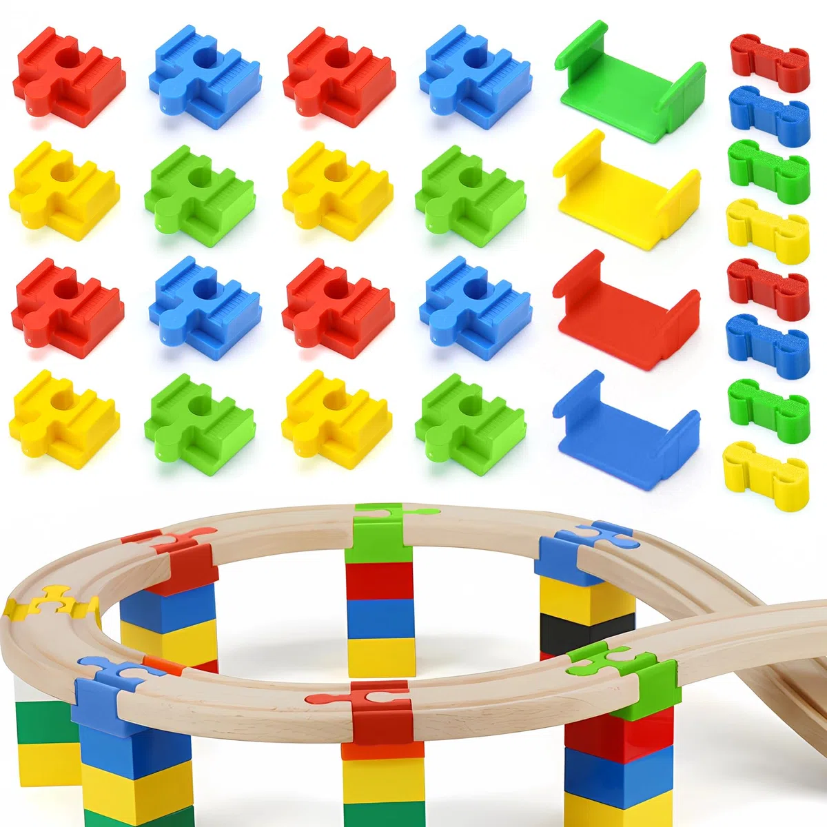 Adattatore per Ferrovia in Legno 28 pezzi Connettori per Ferrovia in Plastica Adatto Giocattoli Trenino Fai da Te Accessori per Bambini di Età Compresa Tra 3 e 7