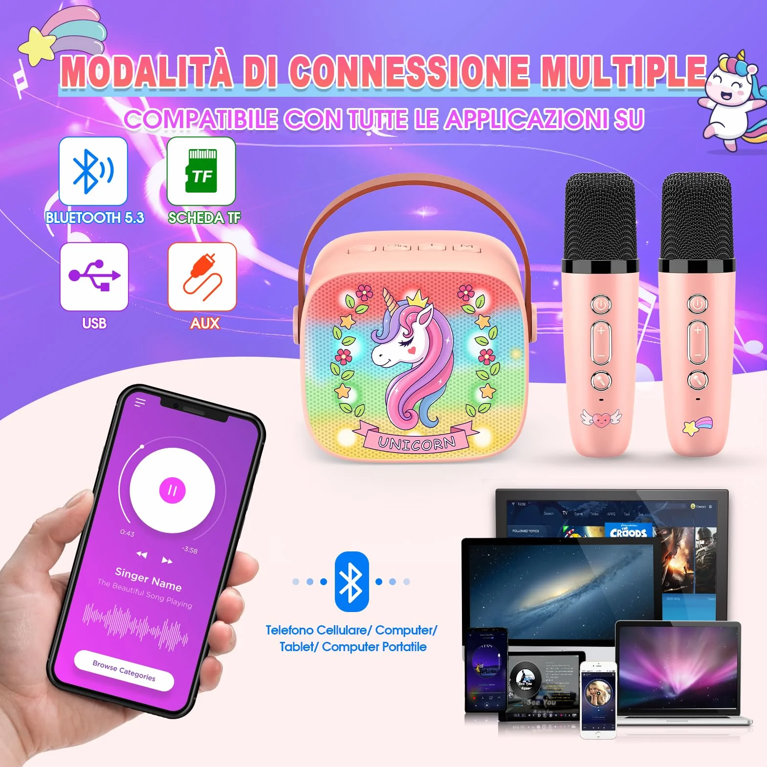 Karaoke per Bambini con 2 Microfono Wireless, Unicorno Regalo Bambina 3-12 Anni Portatile Bluetooth con DSP e Luci LED