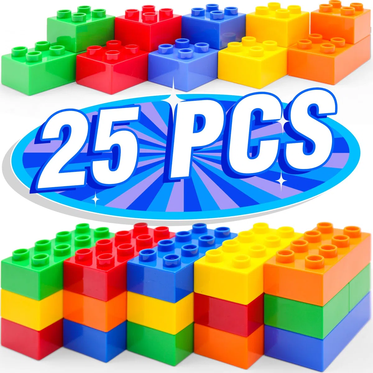 WYSWYG Grande set di mattoncini da costruzione, 25 pietre in 5 colori, compatibile – ideale per bambini dai 3 4 5 6 anni, codice standard, multicolore