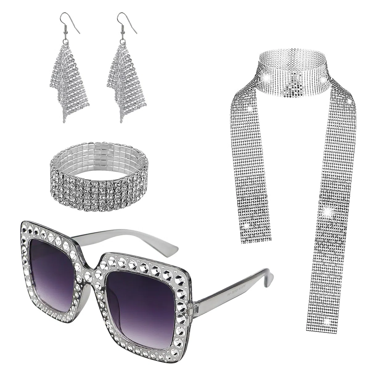 Set di accessori per costume da discoteca anni '70, costume da discoteca anni '70, per donne e ragazze, con paillettes, sciarpa, orecchini, montatura spessa, occhiali da sole e braccialetto, kit per