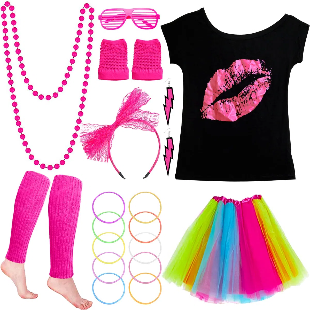 Set Accessori Costume Anni '80, T-Shirt Tutu Fascia per Capelli Collana Orecchino Scaldamuscoli Occhiali guanti a rete per feste retrò anni '80 feste in costume