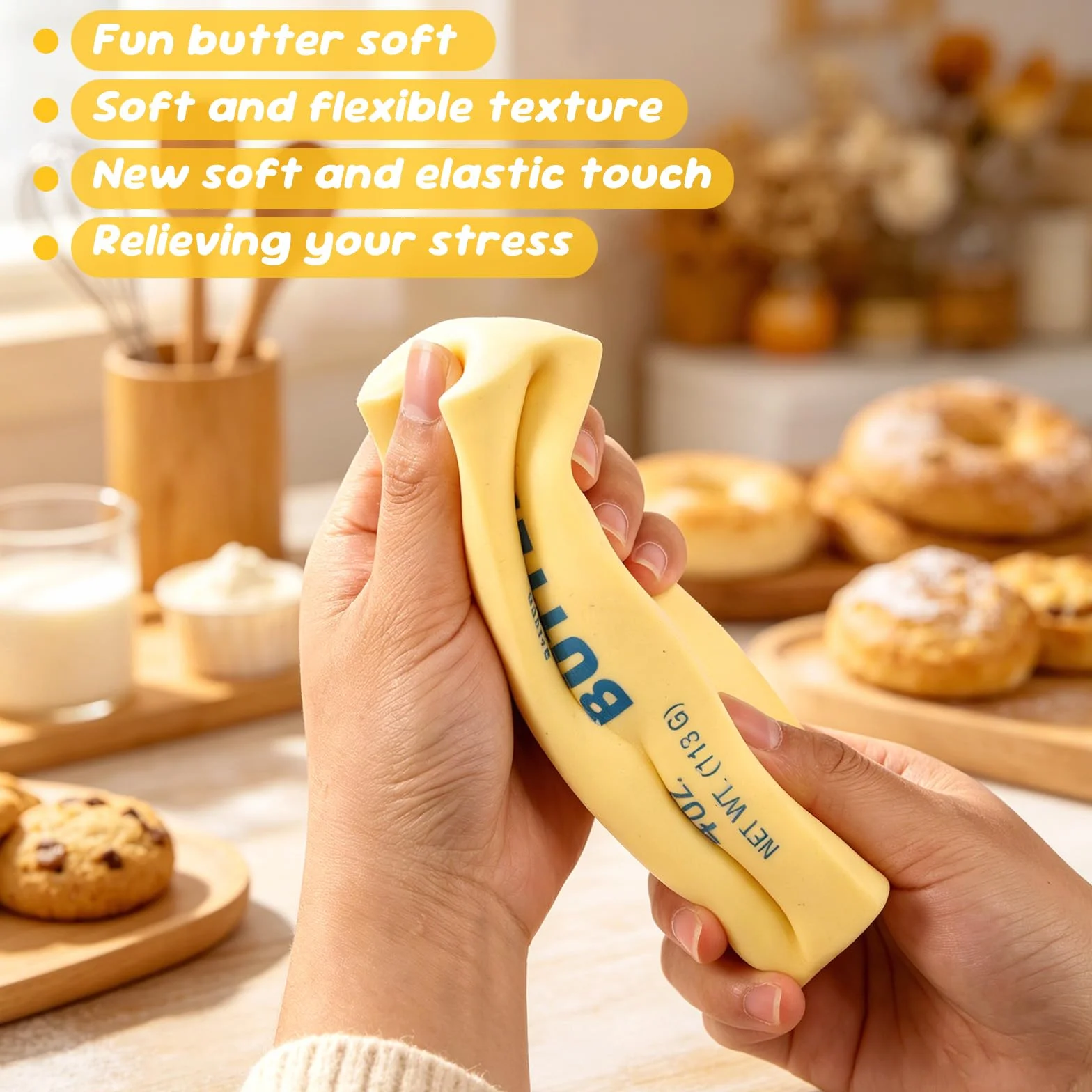 Lyreh 4pz Giocattolo da Spremere di Burro, Bastoncino di Burro Giocattoli a Lenta Crescita in Materiale PU per Ufficio Scuola Calma(Giallo Chiaro)