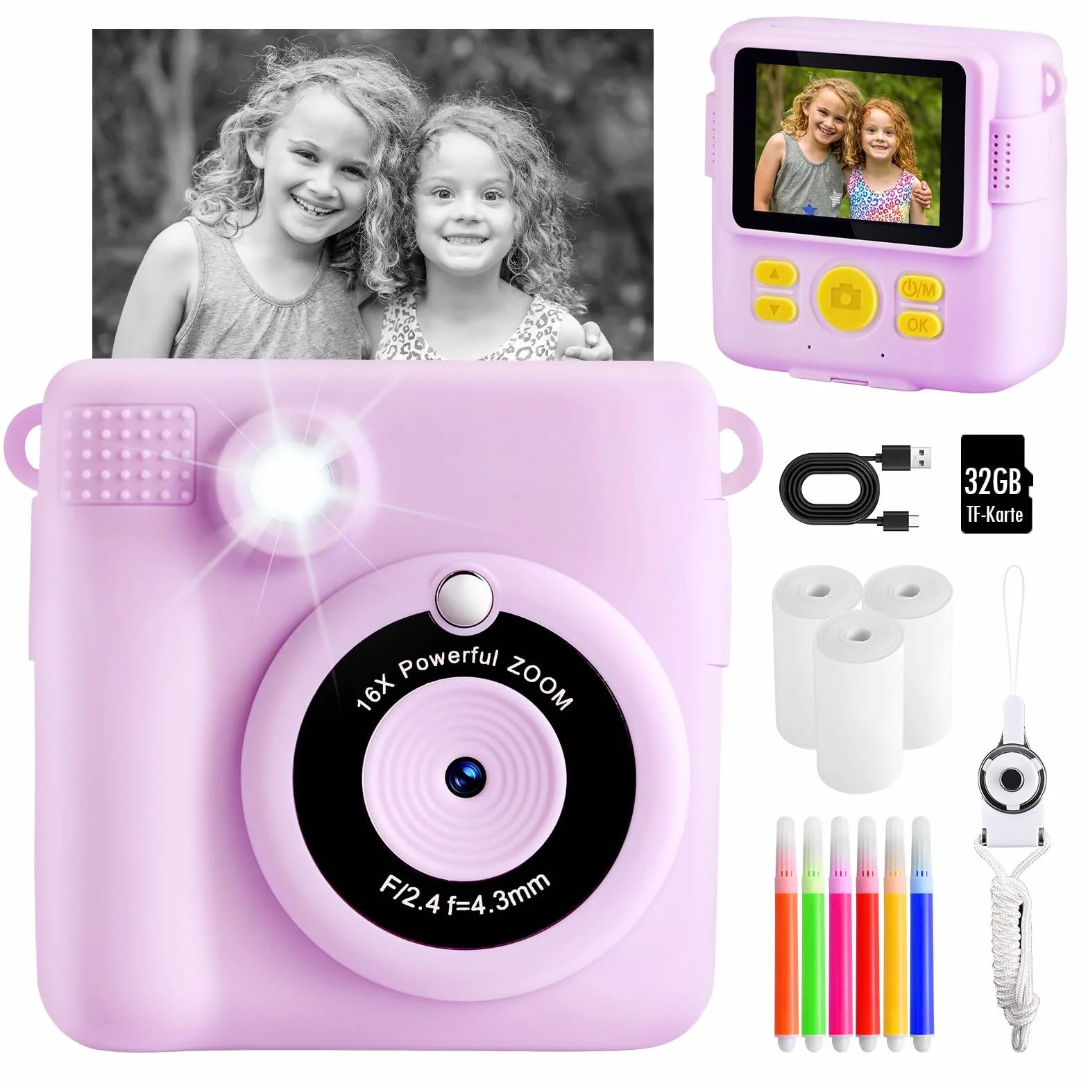 CHRERNA Macchina Fotografica Bambini Istantanea,2,4 Pollici Fotocamera Istantanea Bambini con 32GB Scheda, 1080P HD Fotocamera Digitale Bambina, Regalo per Ragazze Ragazzi da 3-12 Anni
