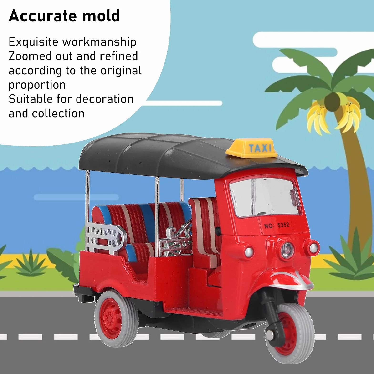 Hztyyier Tirare il giocattolo modello di auto di simulazione del triciclo tailandese, auto Tuk Tuk in lega di qualità (rosso)