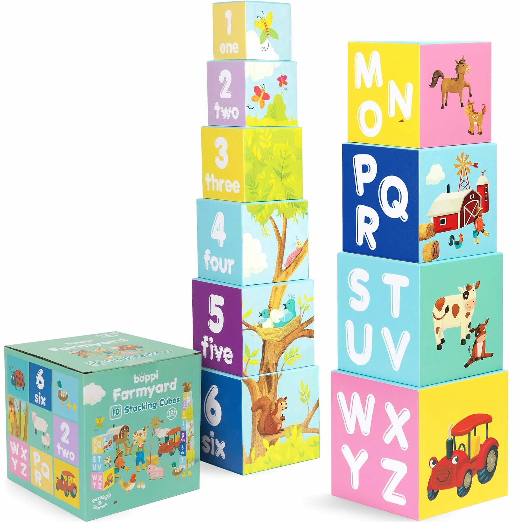 boppi Blocchi impilabili per bambini Giocattoli animali da fattoria con lettere e numeri, Cubi Montessori per i più piccoli, Giocattoli di apprendimento prescolare