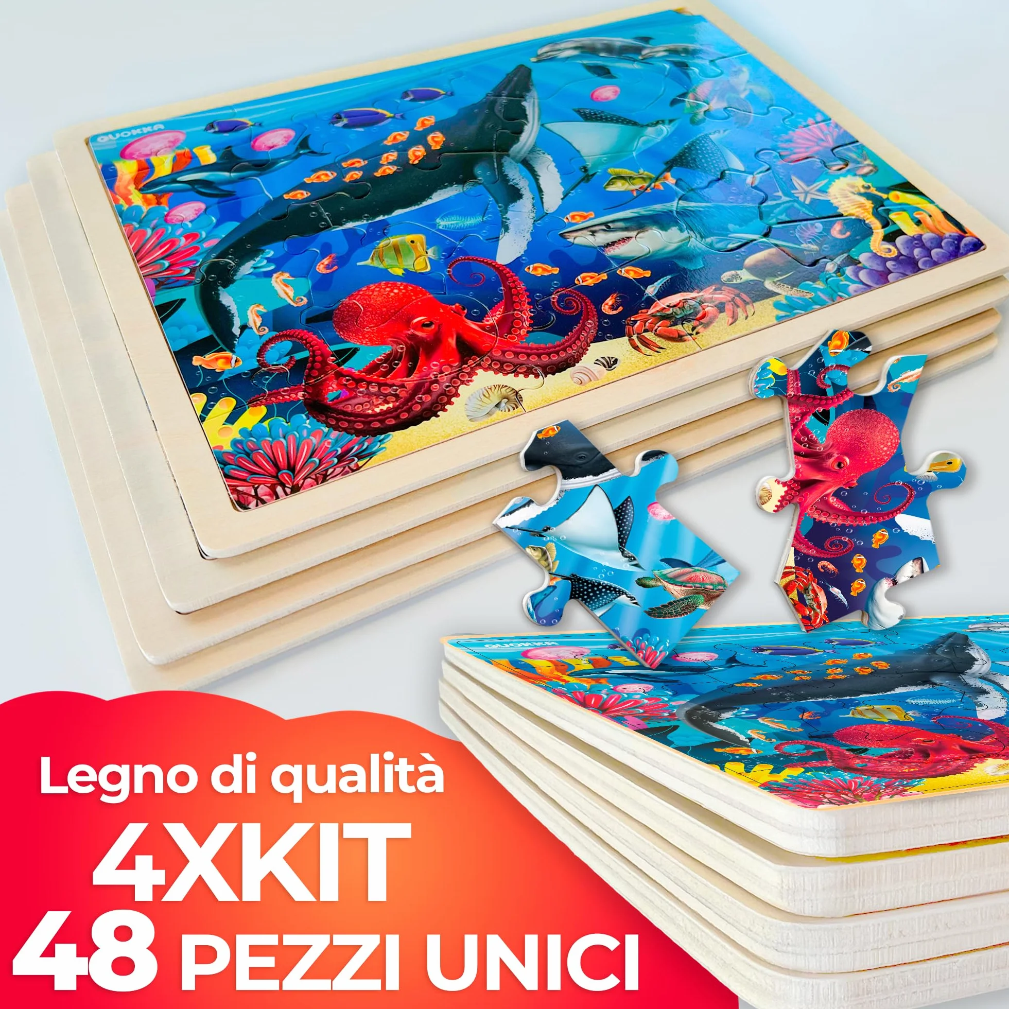 QUOKKA Puzzle Legno Bambini 3 4 5 Anni – 4x48 Pezzi Puzzle Animali Montessori – Gioco Educativo in Legno con Animali Realistici – Regalo per Bambini e Bambine 6 7 8 Anni