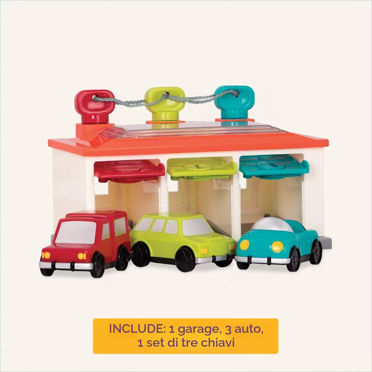 Battat - Garage per 3 Auto - Garage per Auto Playset - Giocattolo Causa-Effetto - Giocattolo di smistamento con codice Colore - 2 Anni +