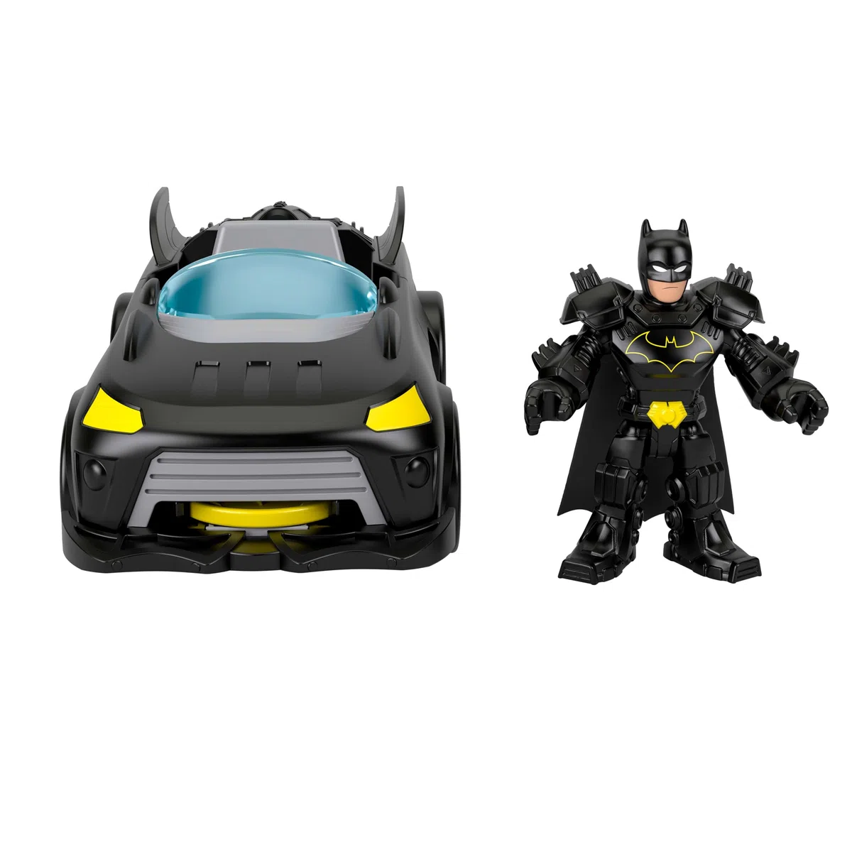 Fisher-Price Imaginext DC Super Friends - Metal Force Batmobile, veicolo attivabile con luci e suoni, personaggio Batman, lanciatore e 2 dischi inclusi, giocattolo per bambini, 3+ anni, JFJ68