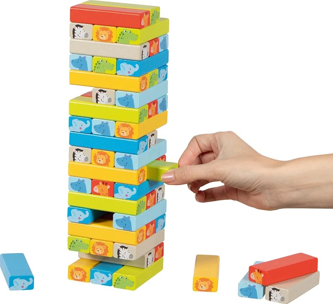 goki Geschicklichkeitsspiel Wackelturm mit Tiermotiven: 7,5 x 7,5 x 27 cm, Holz, 55 Teile, per Stück