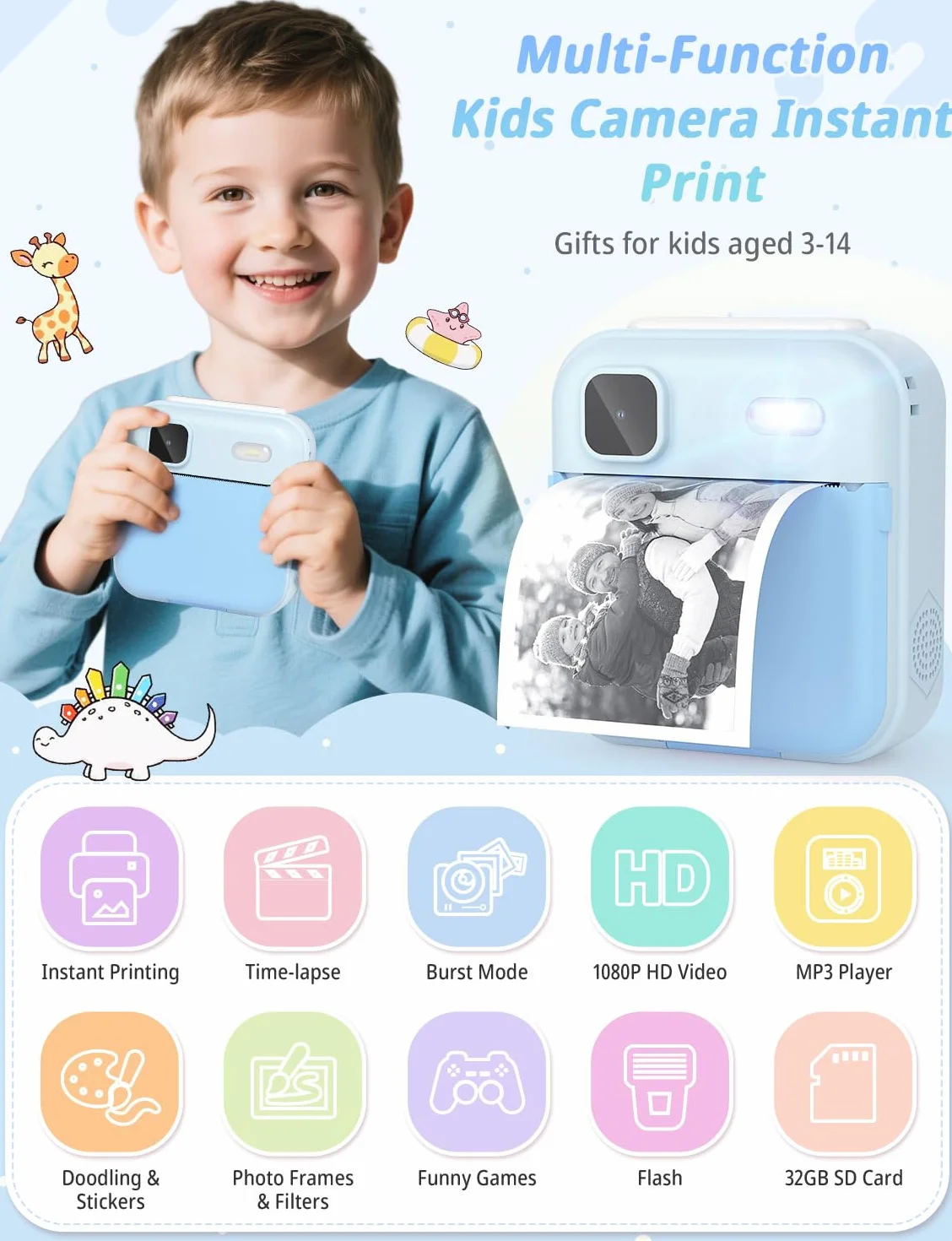 YOHOOLYO Macchina Fotografica Bambini Istantanea 2.4 Pollici, 1080P HD con scheda SD da 32GB, 6 penne colorate e 3 rotoli di carta da stampa, regalo per bambini da 3 a 14 anni-Rosa (Blu)