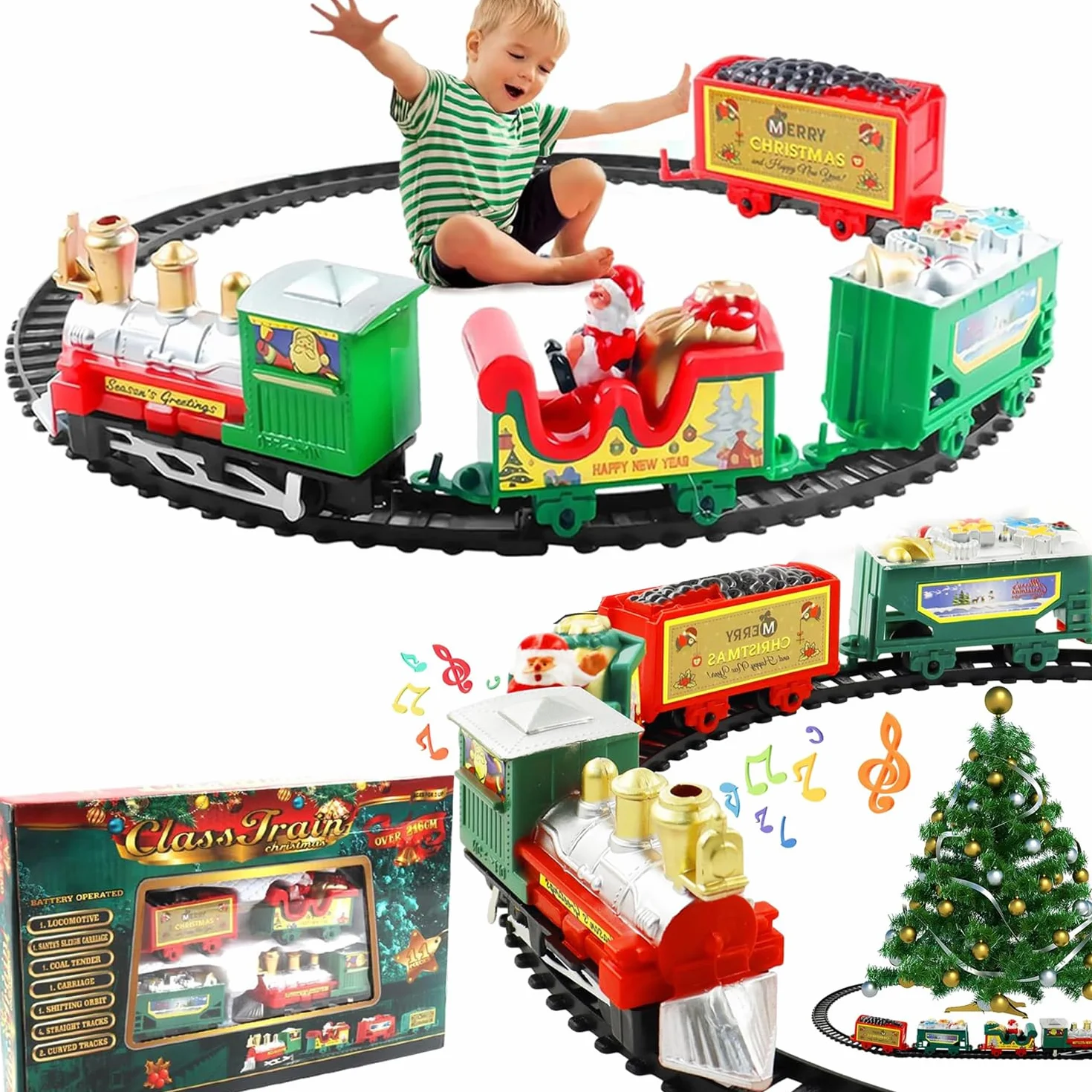 Trenino Natalizio Elettrico per Bambini, Treno con 4 Vagoni e Slitta Babbo Natale, Giocattolo Decorazione Albero di Natale, Pista Circolare 168 cm, Bambini