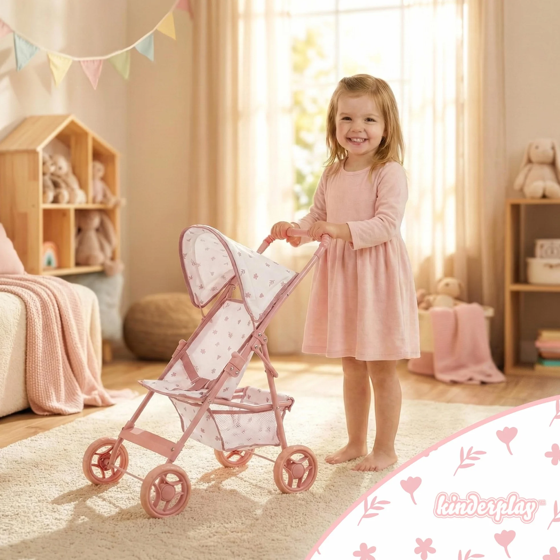 Kinderplay Passeggino per bambole dai 3 anni in su - Passeggino leggero e pieghevole, con ruote in EVA, cinghia e tettuccio, colore rosa