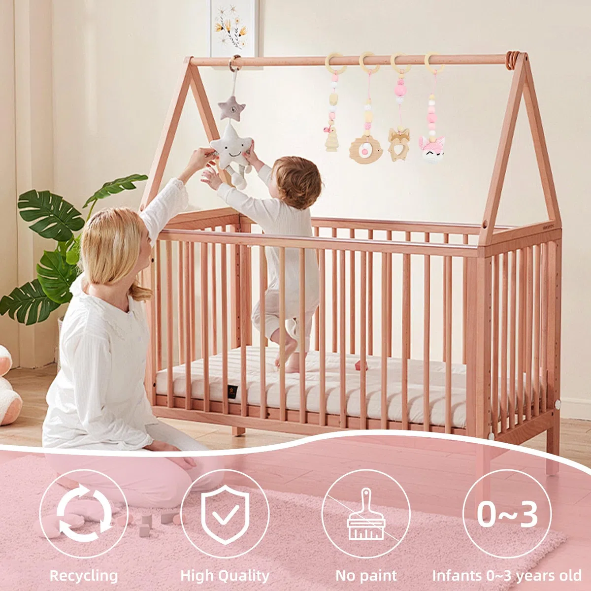 BINYI 4 Pezzi Palestrina Neonato Montessori Arco Giochi per Passeggino da Appendere Giocattoli di Legno per Bambini Pieghevole Gioco Auto Neonato Baby Gym con Ciondolo in Legno (Rosa)