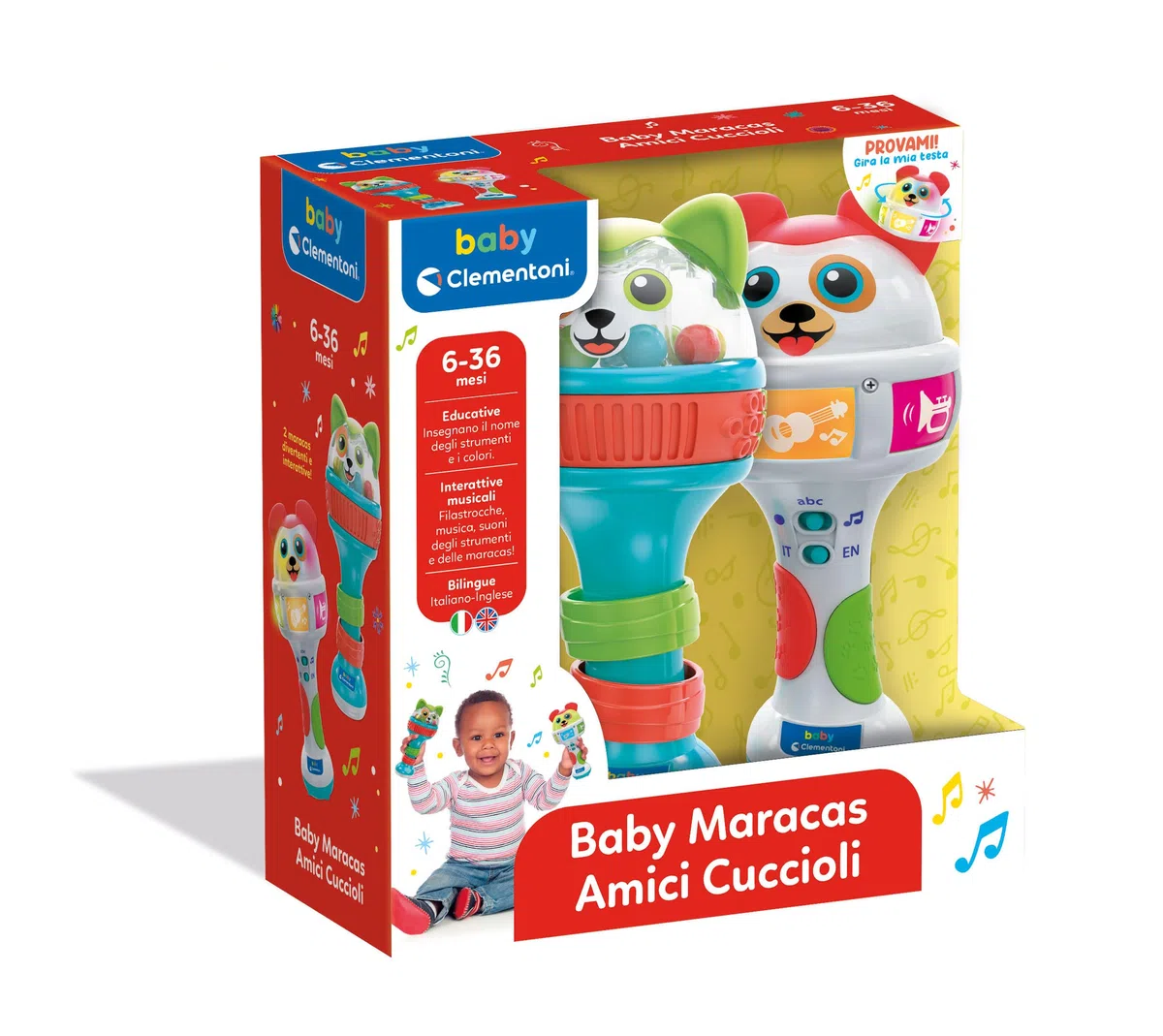 Clementoni Baby Baby Maracas Amici Cuccioli, Sonagli Interattivo Bambini 6-36 Mesi, con Palline, Effetti Sonori e Melodie, Stimola Sensi, Manualità e Sviluppo della Lingua Italiana e Inglese, 17985