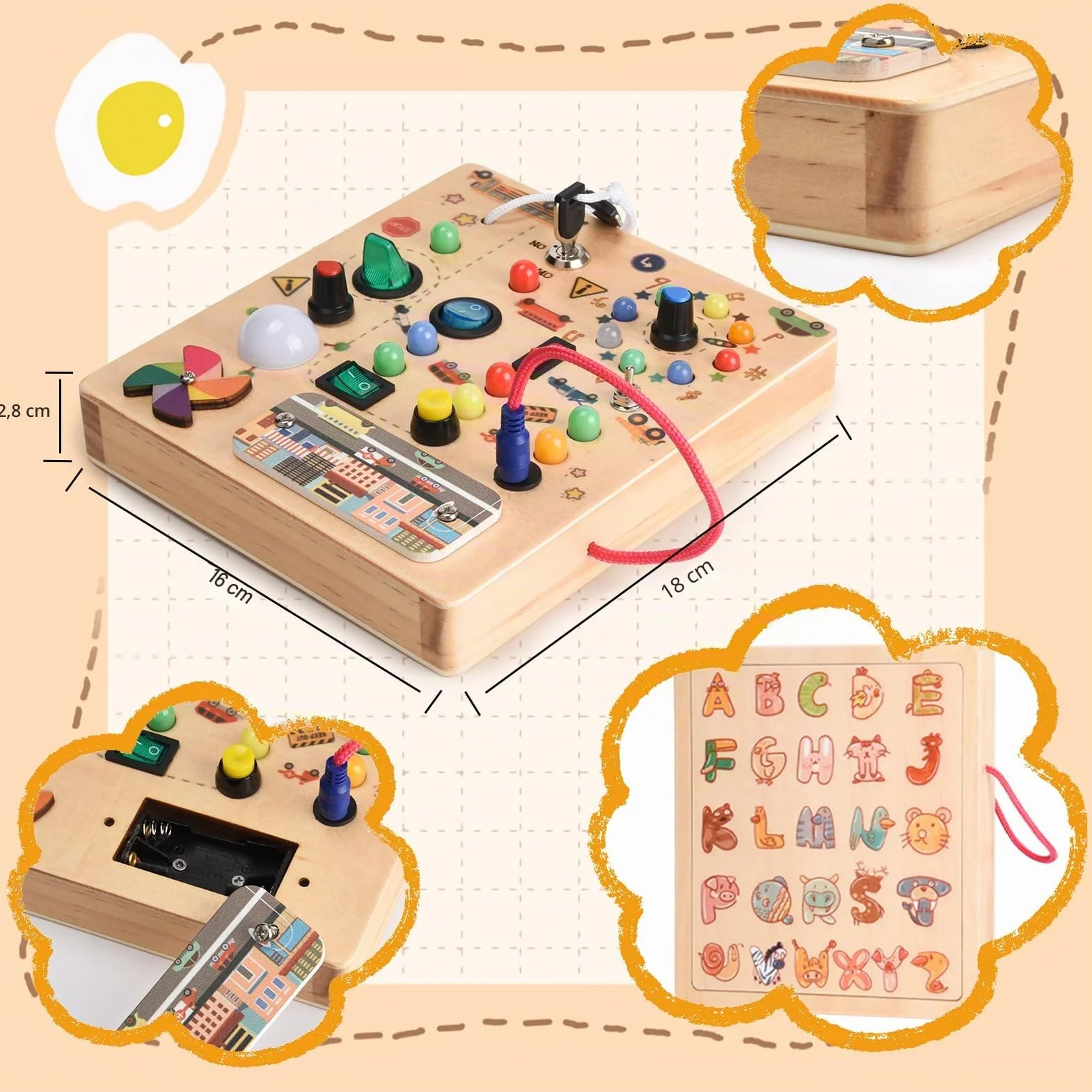 Nauotk Busy Board in Legno, Giochi Montessori per Bambini 2 Anno, Lavagna attività con 19 LED, Giochi Educativi Sensoriale del Bambino, Lavagna attività Portatile Regalo Bimbo 2 3 4 Anni