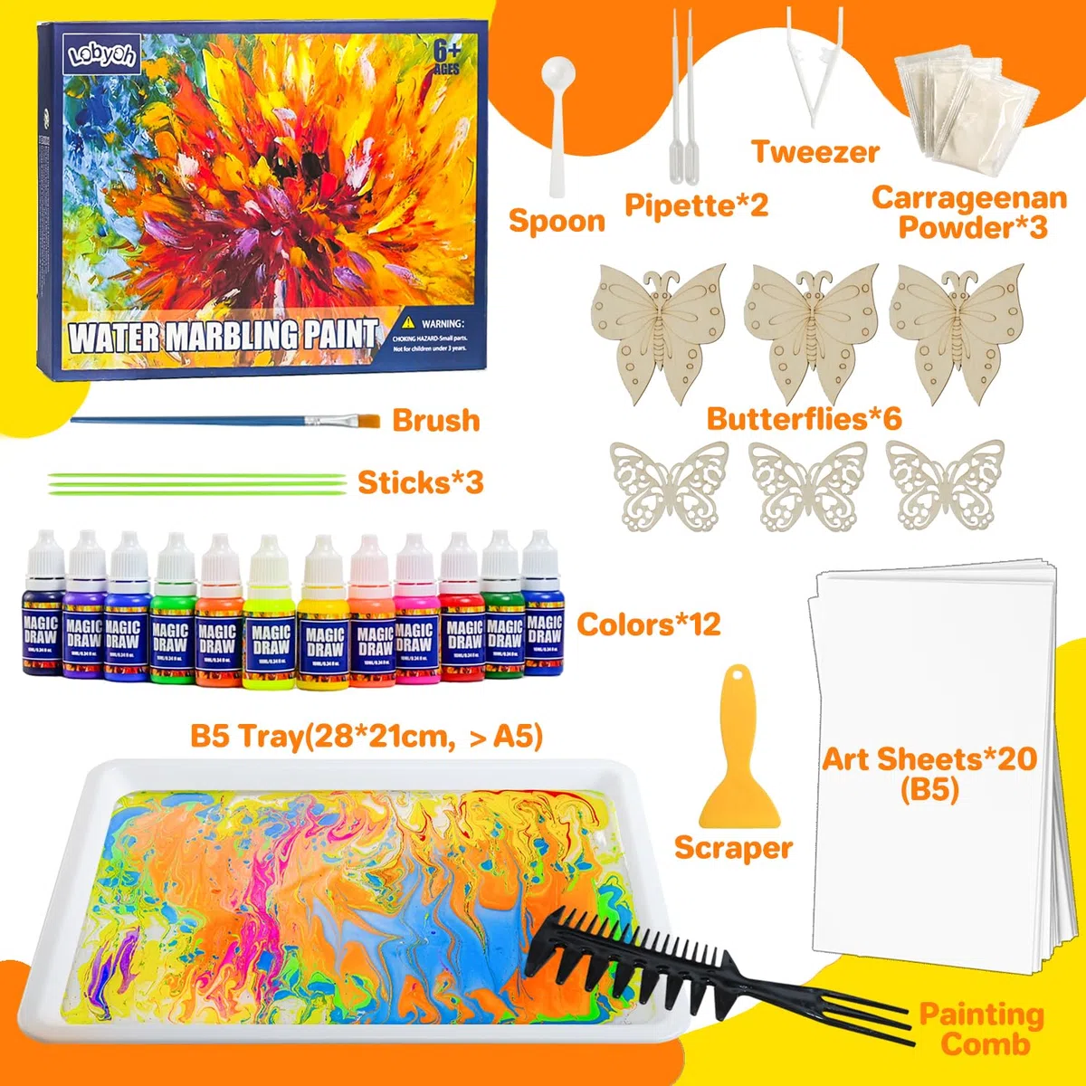 Lobyoh Kit Pittura per Bambini 12 Colori + 6 Farfalle, Regalo Bambina 8 Anni, Kit di Verniciatura ad Acqua, Giochi Creativi Bambina 10 Anni, Idee Regalo per Ragazze e Ragazzi 6-12 Anni