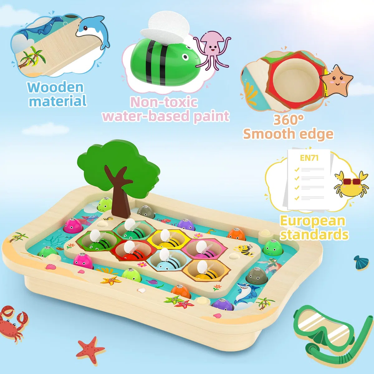 Uping Giochi Montessori Bambini di Pesca Magnetico in Legno, 2 in 1 Puzzle Educativo con 2 Canne da Pesca e Pinzetta per 3-5 Anni